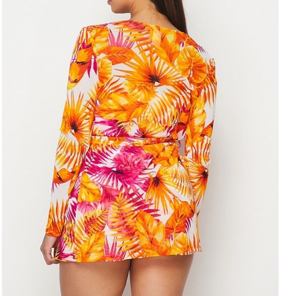 Stylish Tropical Orange & Pink Romper Set for Women - Summer Beach Outfit, Vacation Wear, Casual Party Dress