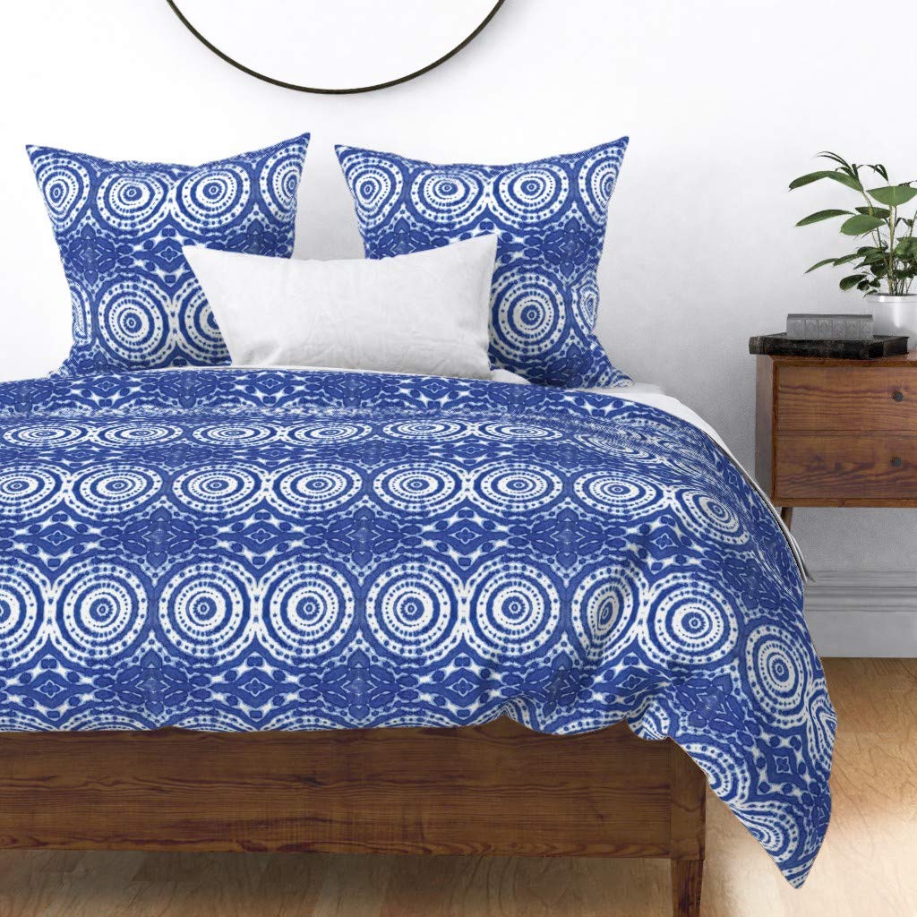 Premium Cotton Sateen Duvet Cover King/California King - Shibori Indigo Tie Dye Floral Circles Abstract Folklore Print Custom Bedding Set for Modern Boho & Eclectic Bedrooms