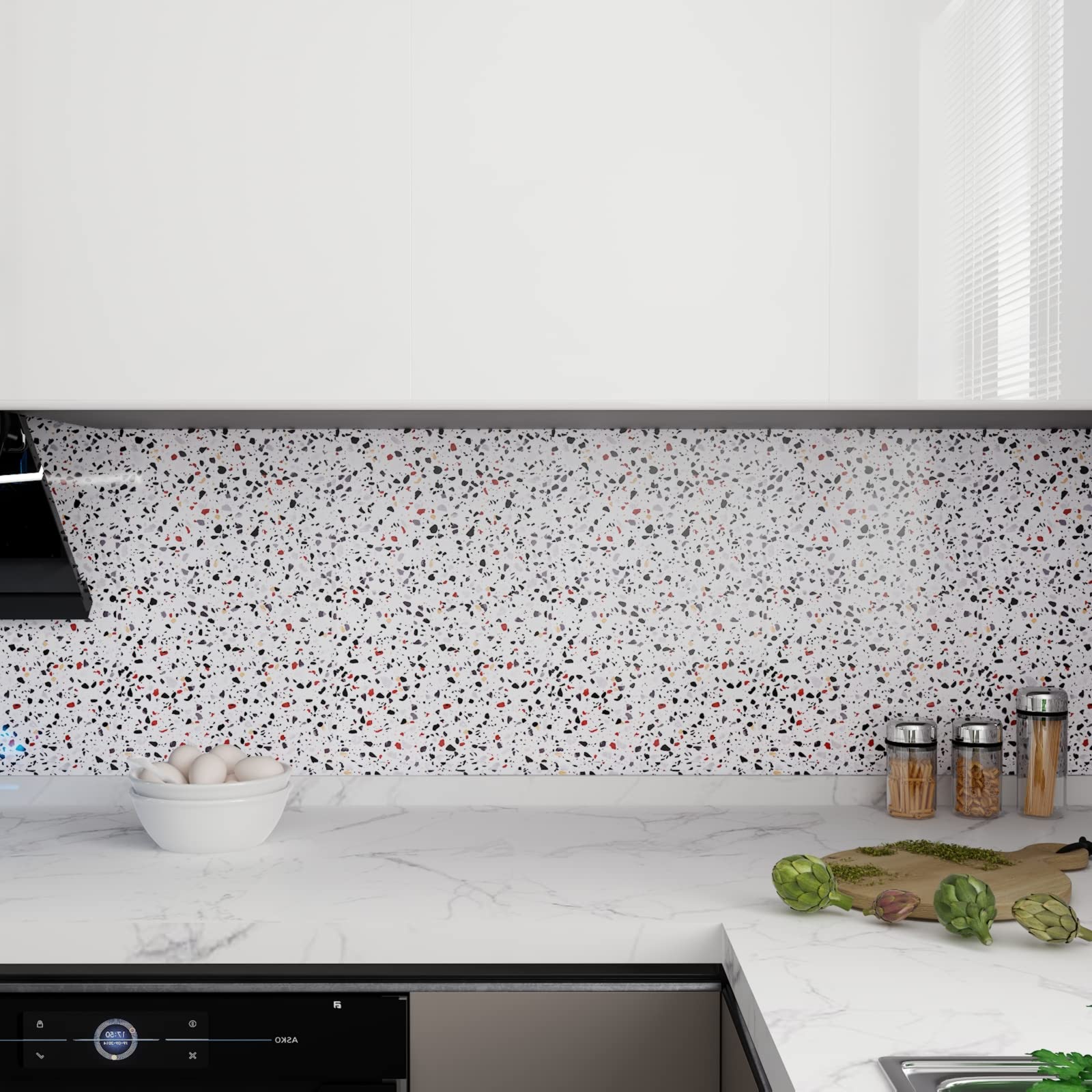 VEELIKE 15.7''x118'' Glossy Terrazzo Contact Paper - Waterproof Self-Adhesive Marble Countertop Cover | Peel and Stick Vinyl Wallpaper for Kitchen Countertops, Bathroom Walls, Shelves & Drawer Liners | Easy DIY Home Decor Upgrade