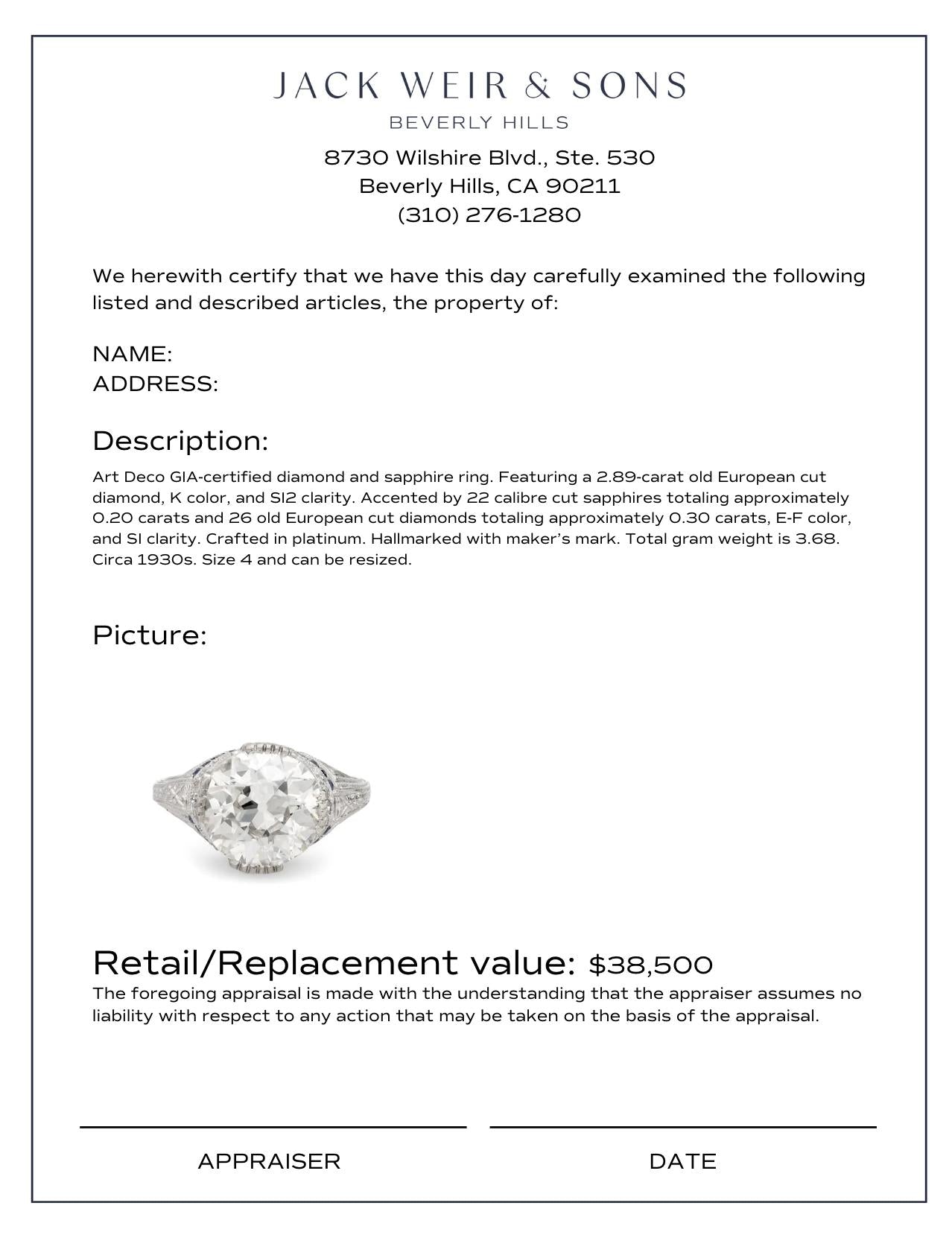 GIA Certified 2.89 Carat Art Deco Diamond Sapphire Platinum Engagement Ring - Vintage Style Wedding Band for Brides & Anniversary Gifts