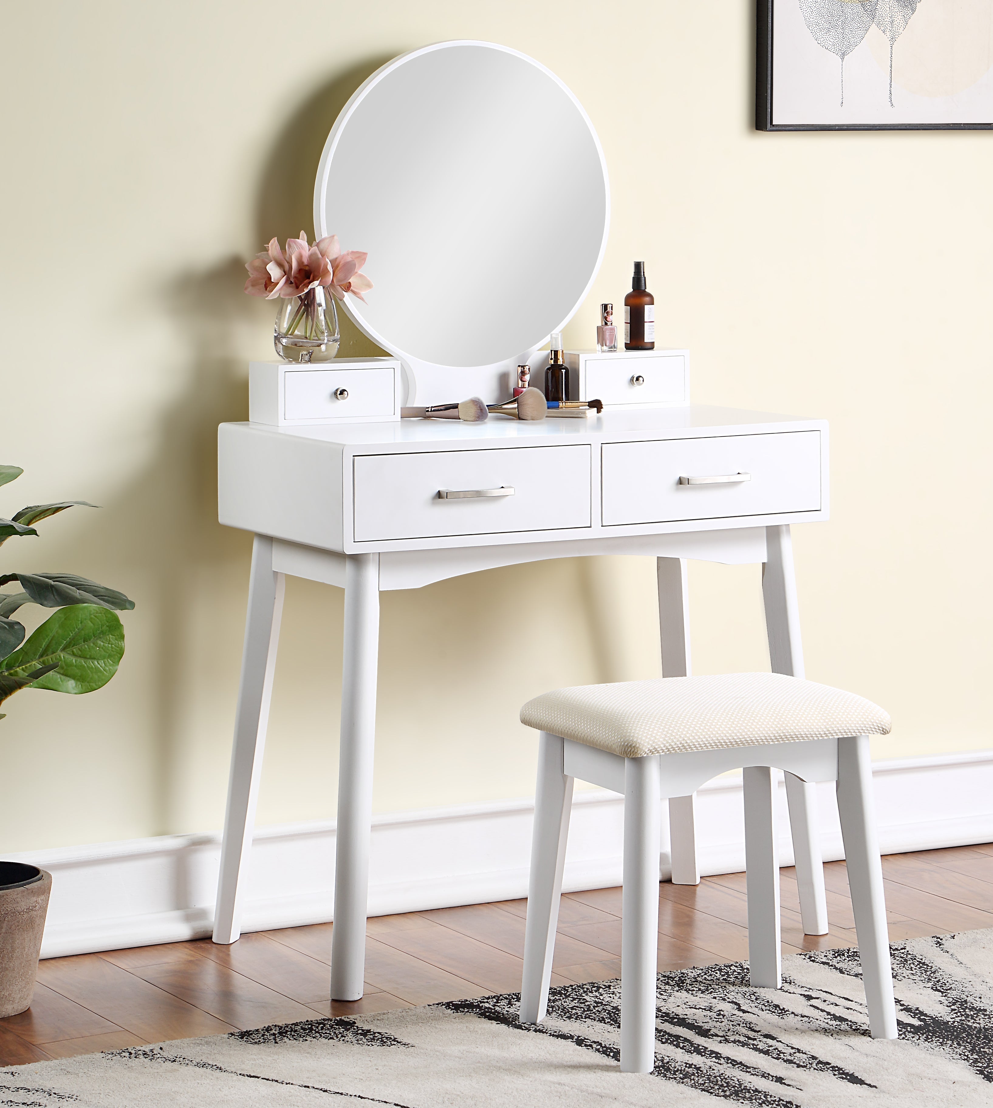 Roundhill Furniture Liannon Contemporary Wood Vanity Set with Stool - Modern Bathroom Vanity with Storage for Makeup & Jewelry Organization - Perfect for Bedroom, Bathroom or Dressing Room