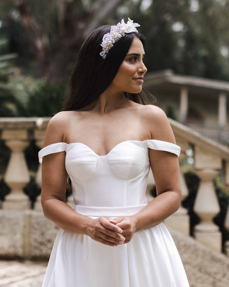 Elegant Pearl and Lace Wedding Headband - Carmelina by Kezani Bridal Hair Accessory for Bride, Bridesmaids & Flower Girls | Perfect for Weddings, Engagements & Formal Events