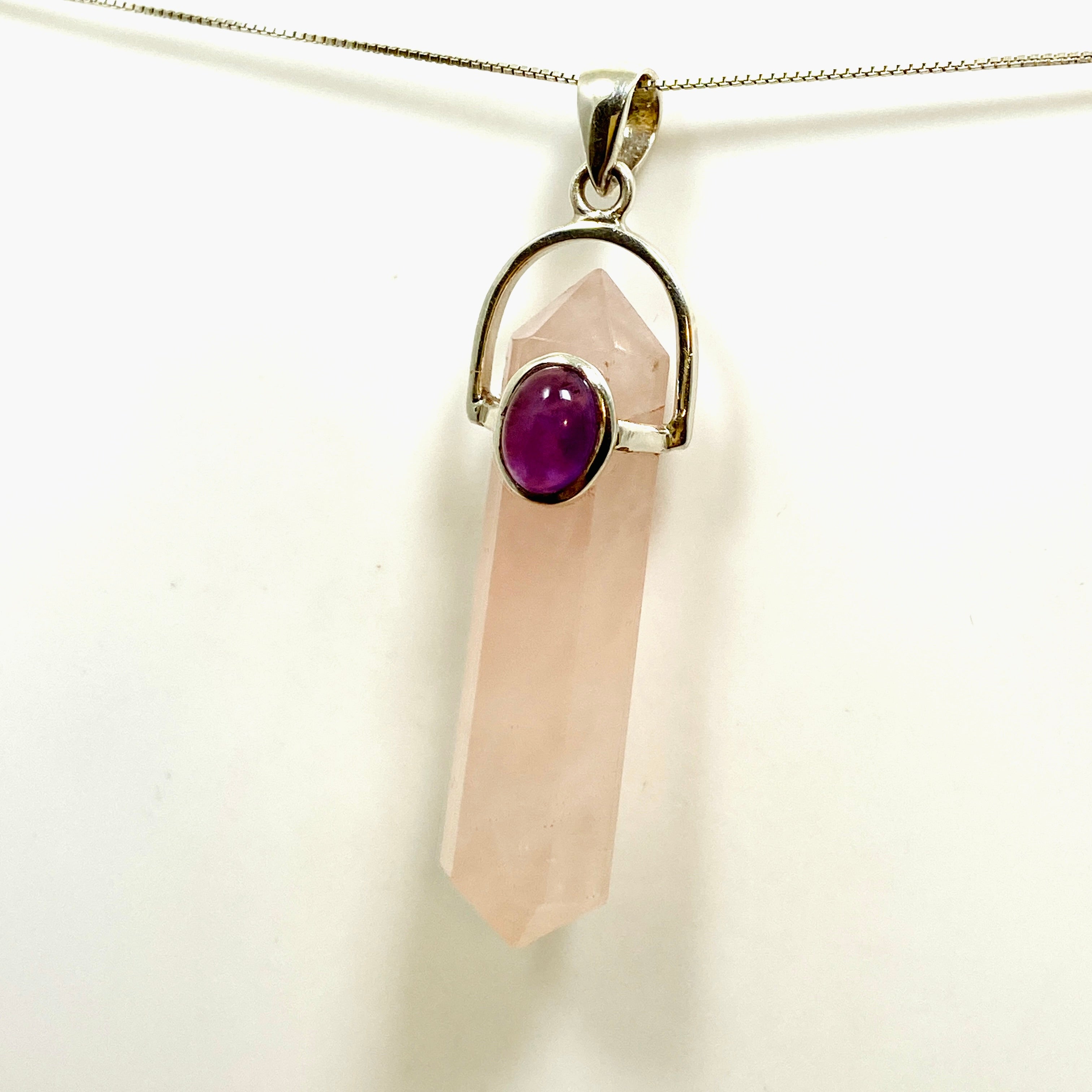Natural Rose Quartz Double Point Pendant Necklace with Amethyst Accent Stone - PPGJ1023 | Healing Crystal Jewelry for Meditation, Energy Balancing & Spiritual Gifts