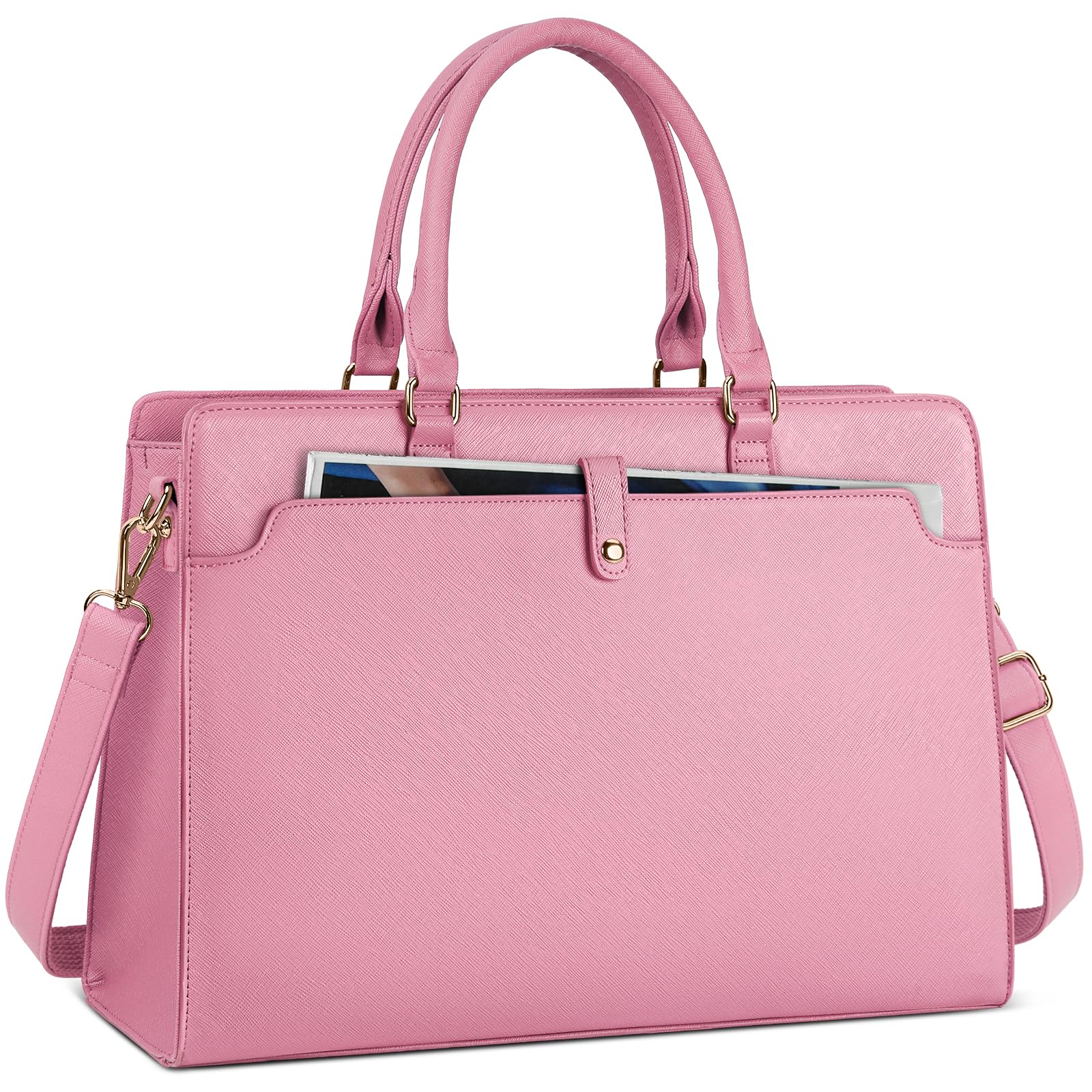 RAINSMORE 15.6 Inch Leather Laptop Tote Bag for Women - Waterproof Work Briefcase, Large Capacity Business Office Computer Bag, Pink Shoulder Handbag for Professionals and Students