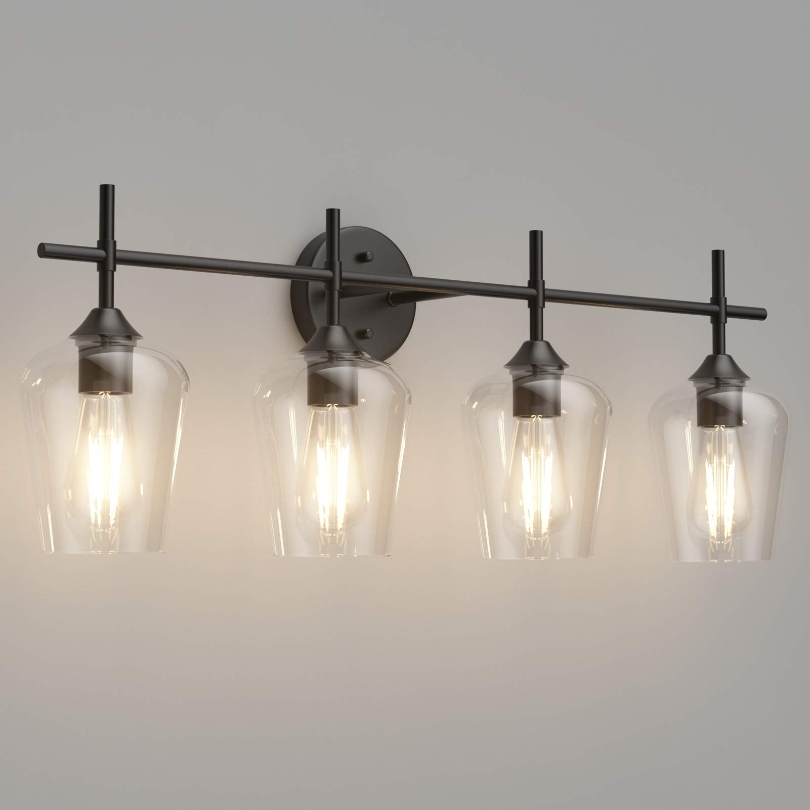 Vintage Industrial 4-Light Bathroom Vanity Lighting Fixture - Matte Black Farmhouse Wall Sconce with Clear Glass Shades | Perfect for Rustic, Modern & Farmhouse Bathroom Decor