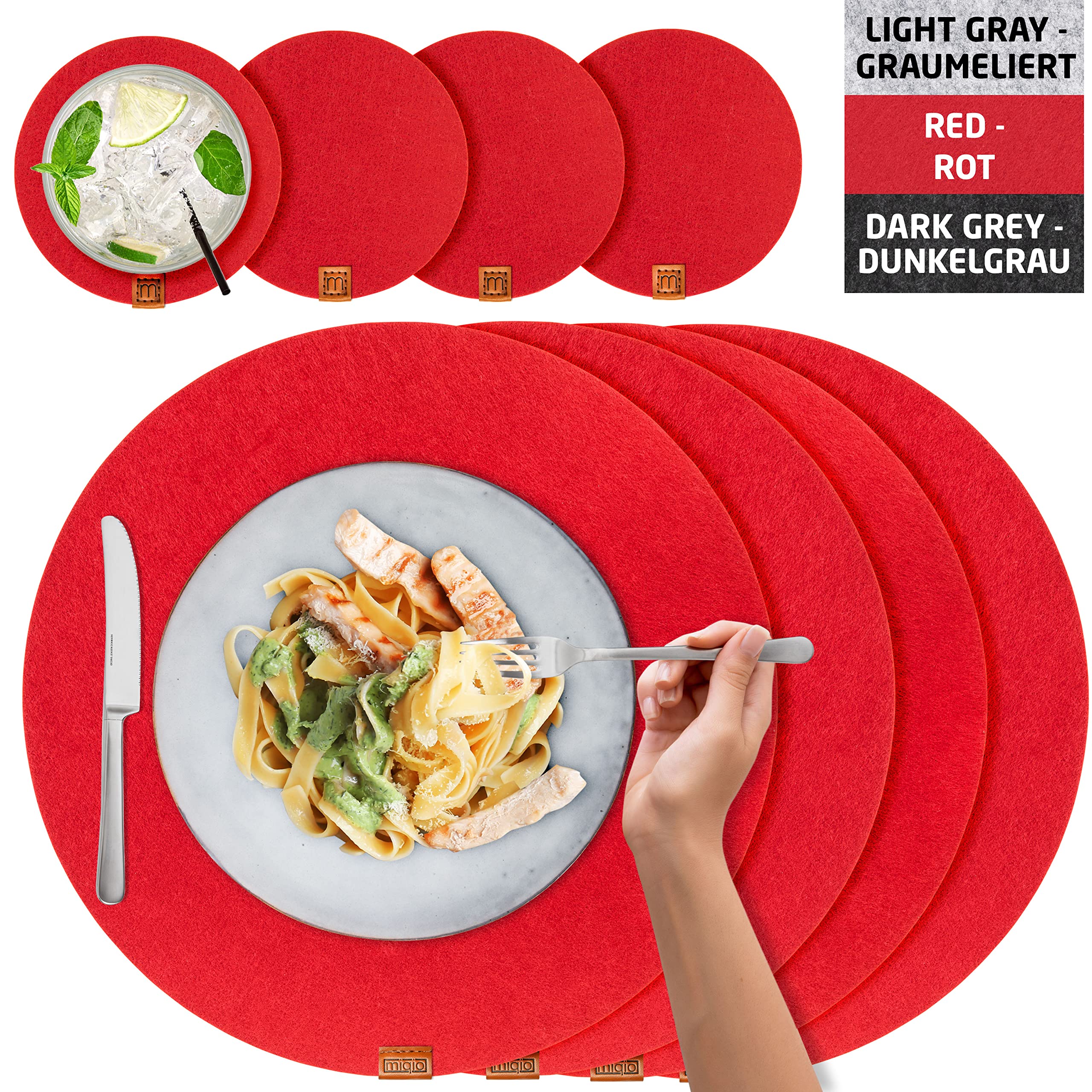 MIQIO® 6-Pack Felt Placemats Set with Glass Coasters - 15 Inch Round Washable Table Mats for Indoor Dining & Outdoor Patio Use - Elegant Red Home Decor