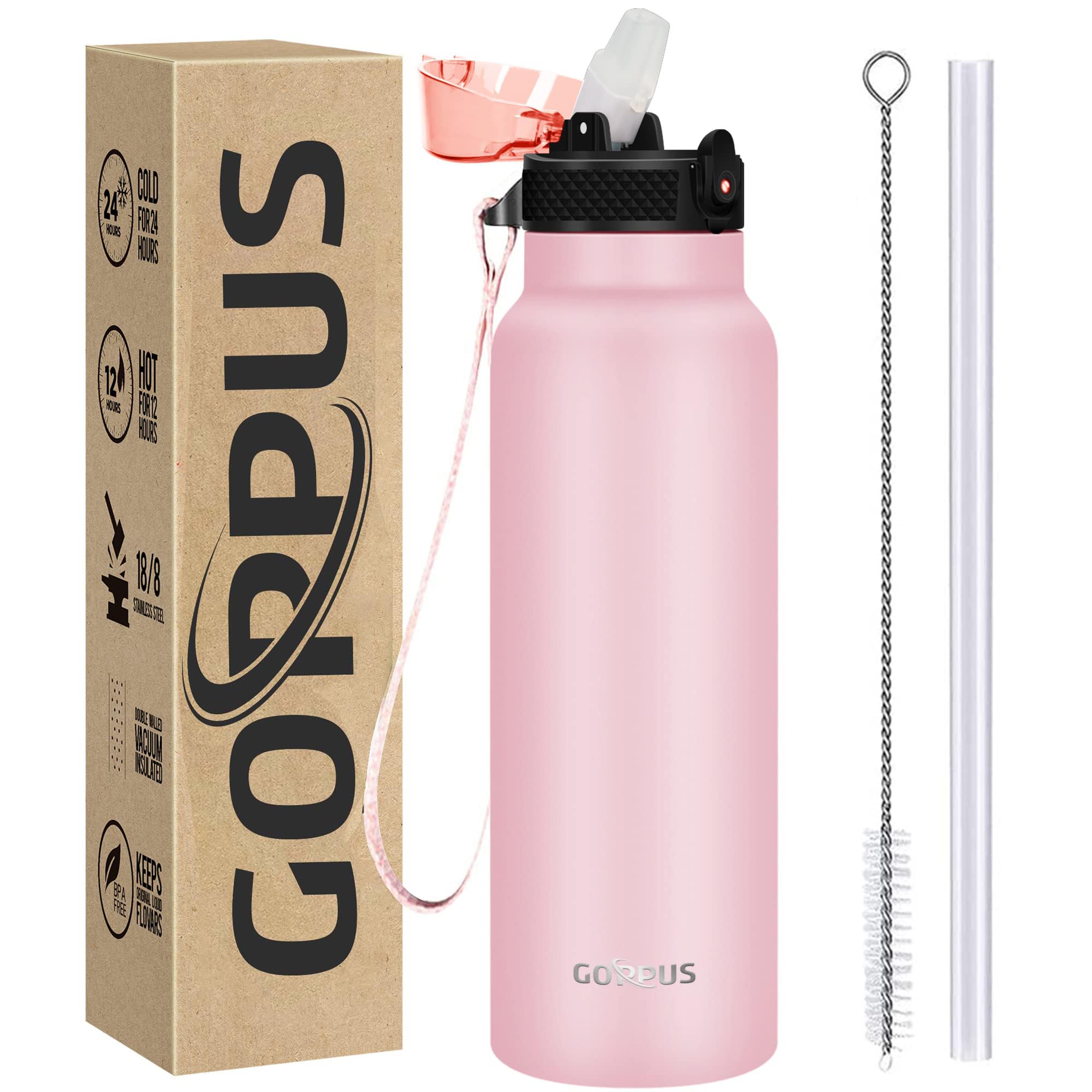 GOPPUS 750ml/26oz Stainless Steel Water Bottle with Straw - Double Wall Vacuum Insulated, Leakproof, BPA Free - Keeps Drinks Cold/Hot for 24 Hours - Comes with Strap & Flip Top Lid - Perfect for Gym, Hiking, Office & Outdoor Activities (Men & Women)