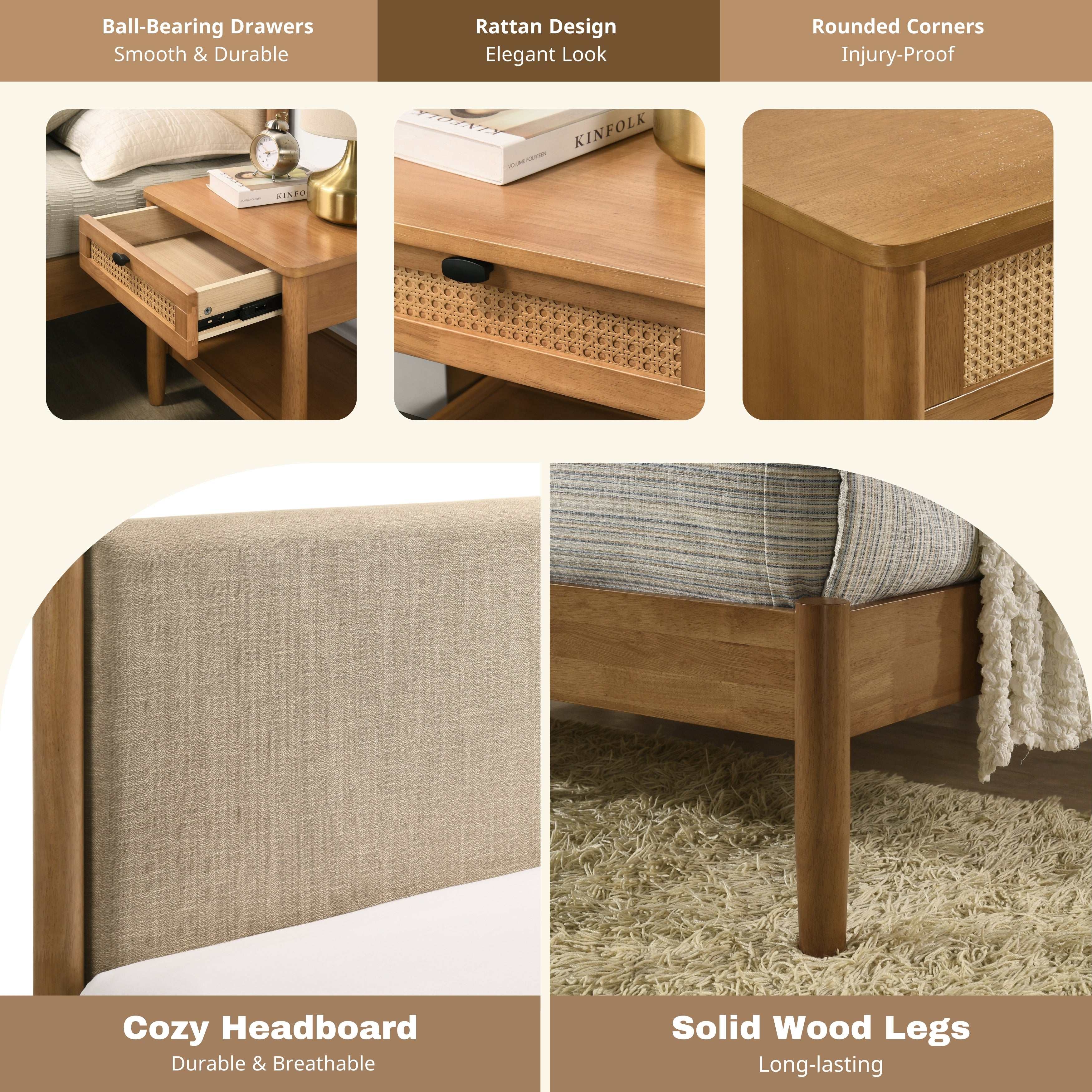 Roundhill Furniture Vichy 6-Piece Rubberwood Bedroom Set - Queen Upholstered Bed, Dresser, Mirror, 2 Nightstands & Chest | Solid Wood Furniture for Master Bedroom, Guest Room & Apartment Decor