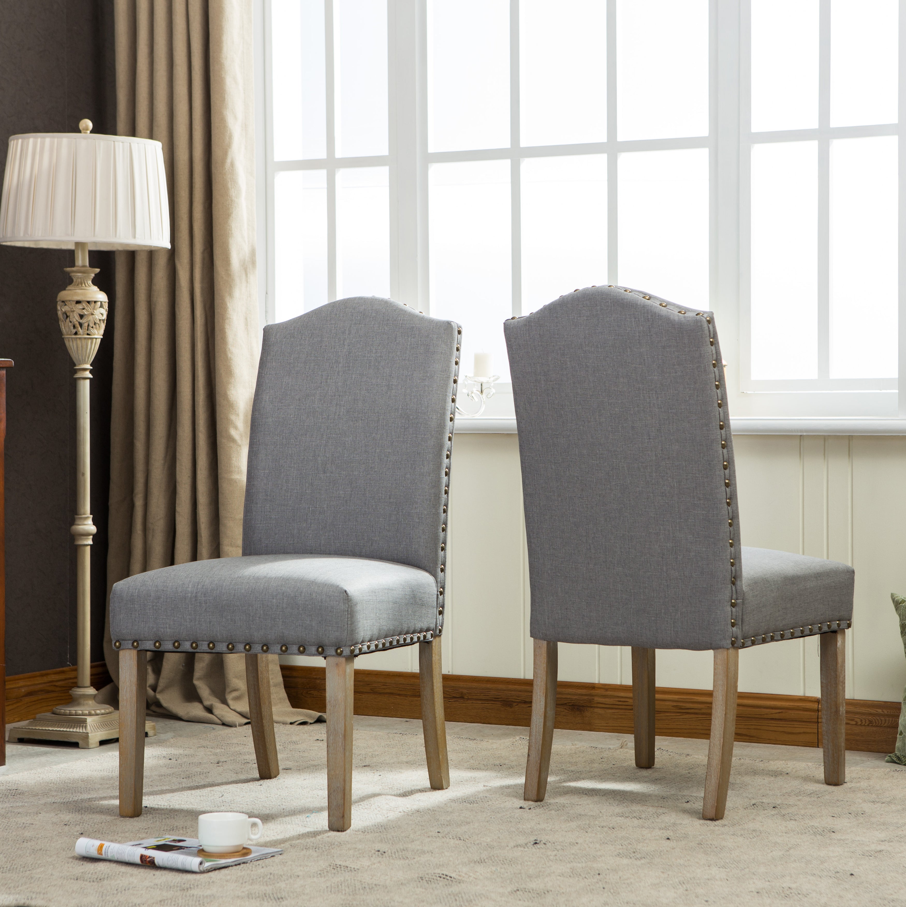 Roundhill Furniture Mod Urban Style Solid Wood Nailhead Fabric Padded Parson Dining Chairs, Set of 2 - Perfect for Kitchen, Dining Room & Home Office Seating