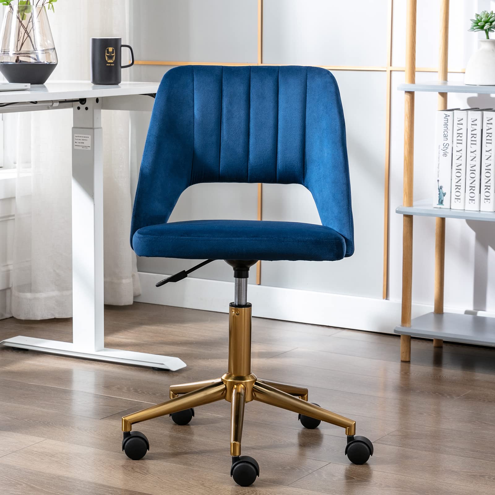 Guyou Upholstered Office Chair with Hollow Back & Brass Base - Perfect for Home Office & Study Desk