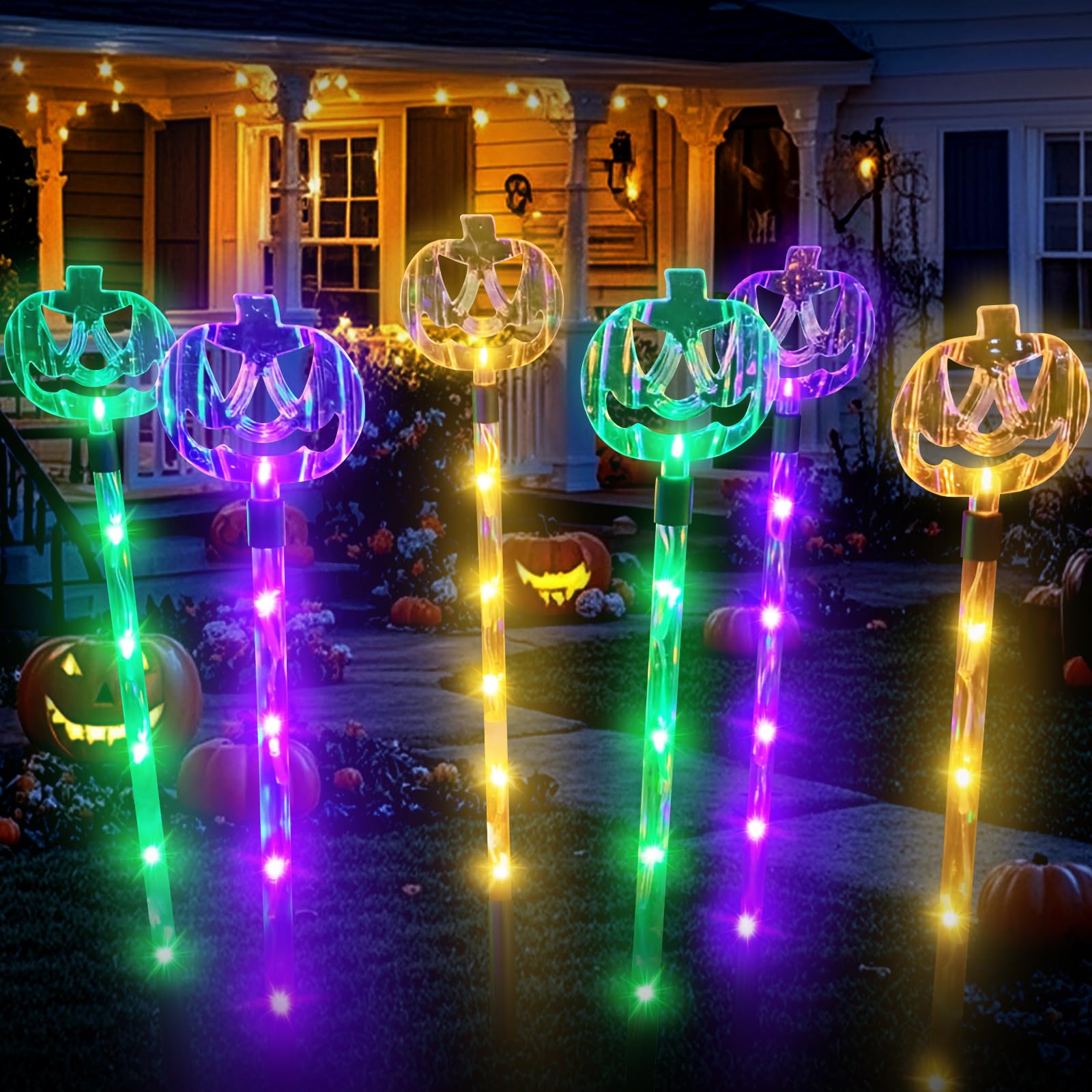 6-Pack Solar Halloween Pumpkin Garden Stake Lights - Waterproof Outdoor Halloween Decor for Yard, Patio, Pathway & Grave - Perfect for Spooky Halloween Night Decorations & Party Lighting