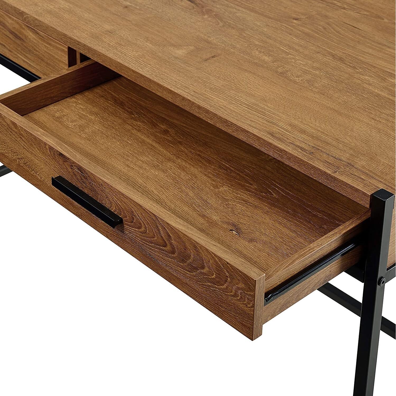Caffoz 2-Drawer Wood and Metal Writing Desk with Shelf in Mahogany Brown - Compact Home Office Desk for Small Spaces, Study & Workstation