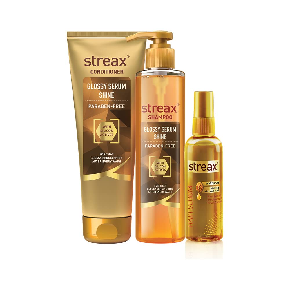 Streax Glossy Serum Shampoo & Conditioner Set with Walnut Hair Serum - 3 Step Hair Care System for Long-Lasting Shine & Smoothness - Perfect for Dry, Damaged Hair & Daily Frizz Control
