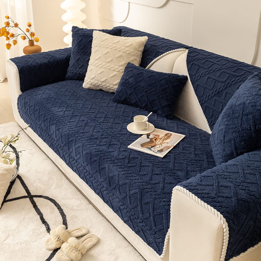 Geometric Jacquard Plush Sofa Cover - Non-Slip Farmhouse Style Sectional Couch Slipcover in Navy (36
