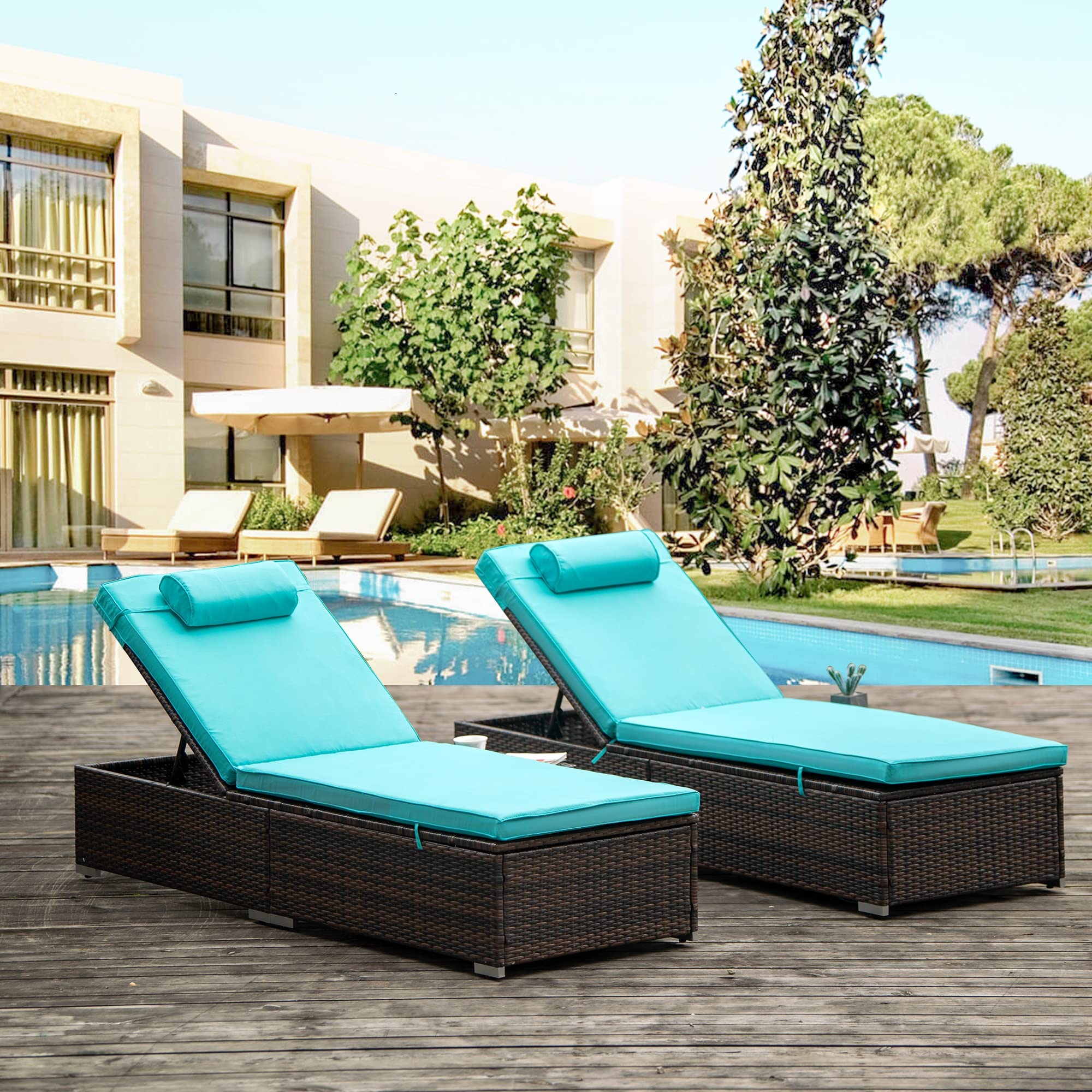 2-Piece Outdoor Chaise Lounge Set - PE Wicker Patio Rattan Reclining Chairs with Adjustable Backrest, Side Table & Removable Cushions - Perfect for Poolside, Beach & Backyard Relaxation