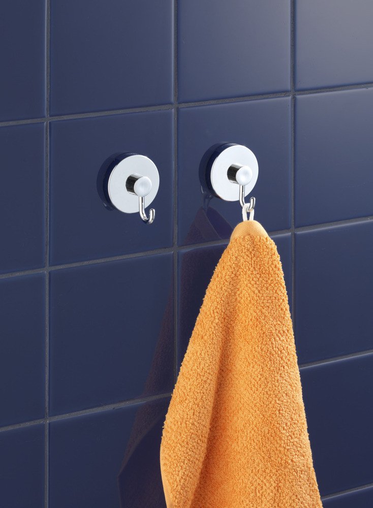 Wenko Vacuum-Loc Wall Hooks Set of 4 Chrome - Strong Adhesive Hooks for Hanging Coats, Hats, Towels in Bathroom, Kitchen, Bedroom & Entryway