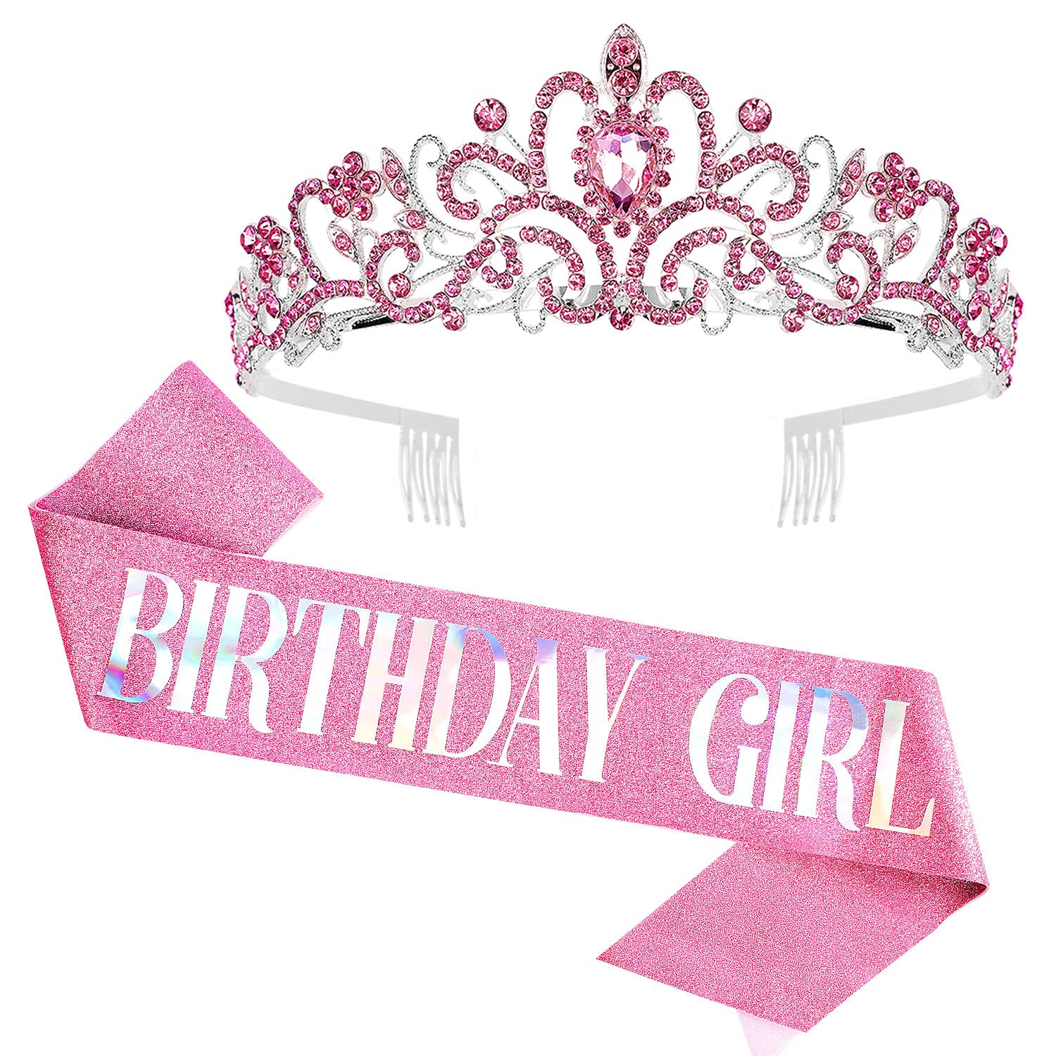 VELSCRUN Girls Birthday Tiara & Crown Set - Princess Party Decorations, Birthday Sash & Gifts for Girls (Pink, Gold) | Perfect for Birthday Parties, Princess Themes & Special Celebrations