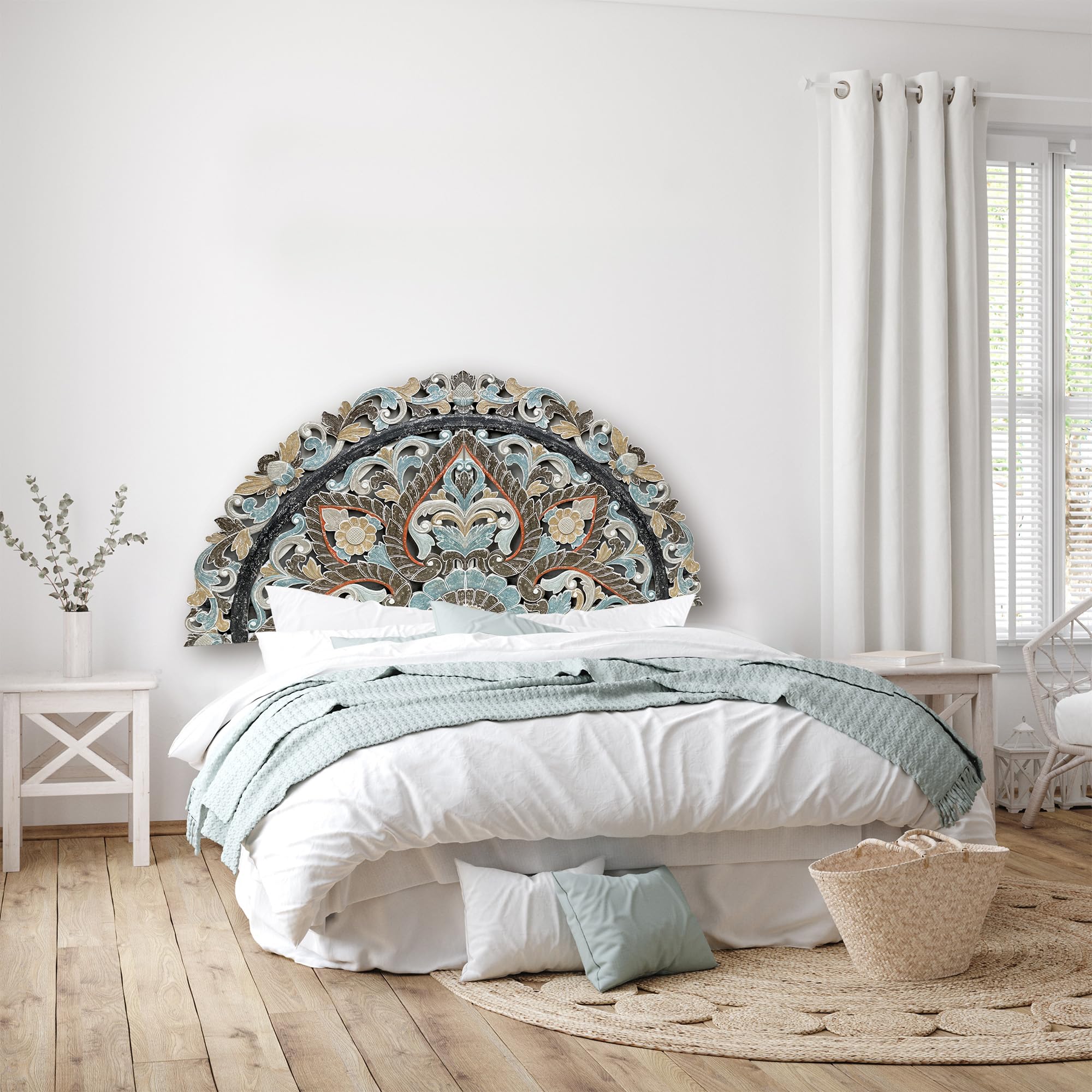Half Moon Wood Headboard - Hand Carved Full Size Bed Headboard Panel for Queen & King Beds - Rustic Wooden Wall Mount Headboard - Perfect for Bedroom, Guest Room & Farmhouse Decor (Ayunina)