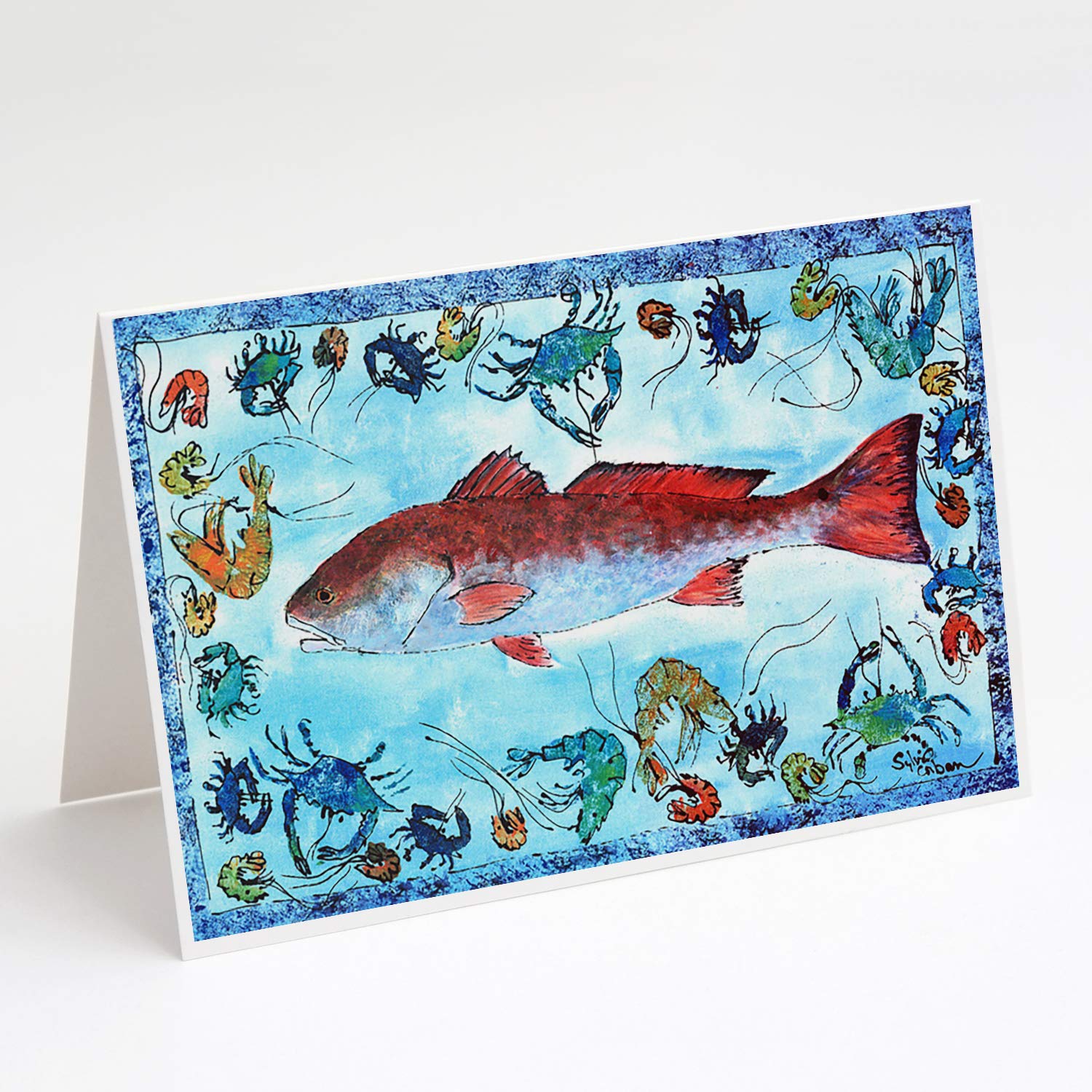 Caroline's Treasures 8087GCA7P Red Fish Greeting Cards - Pack of 8 Blank A7 Note Cards (5x7 Inches) with Envelopes - Whimsical Design for Birthday, Thank You & Holiday Cards