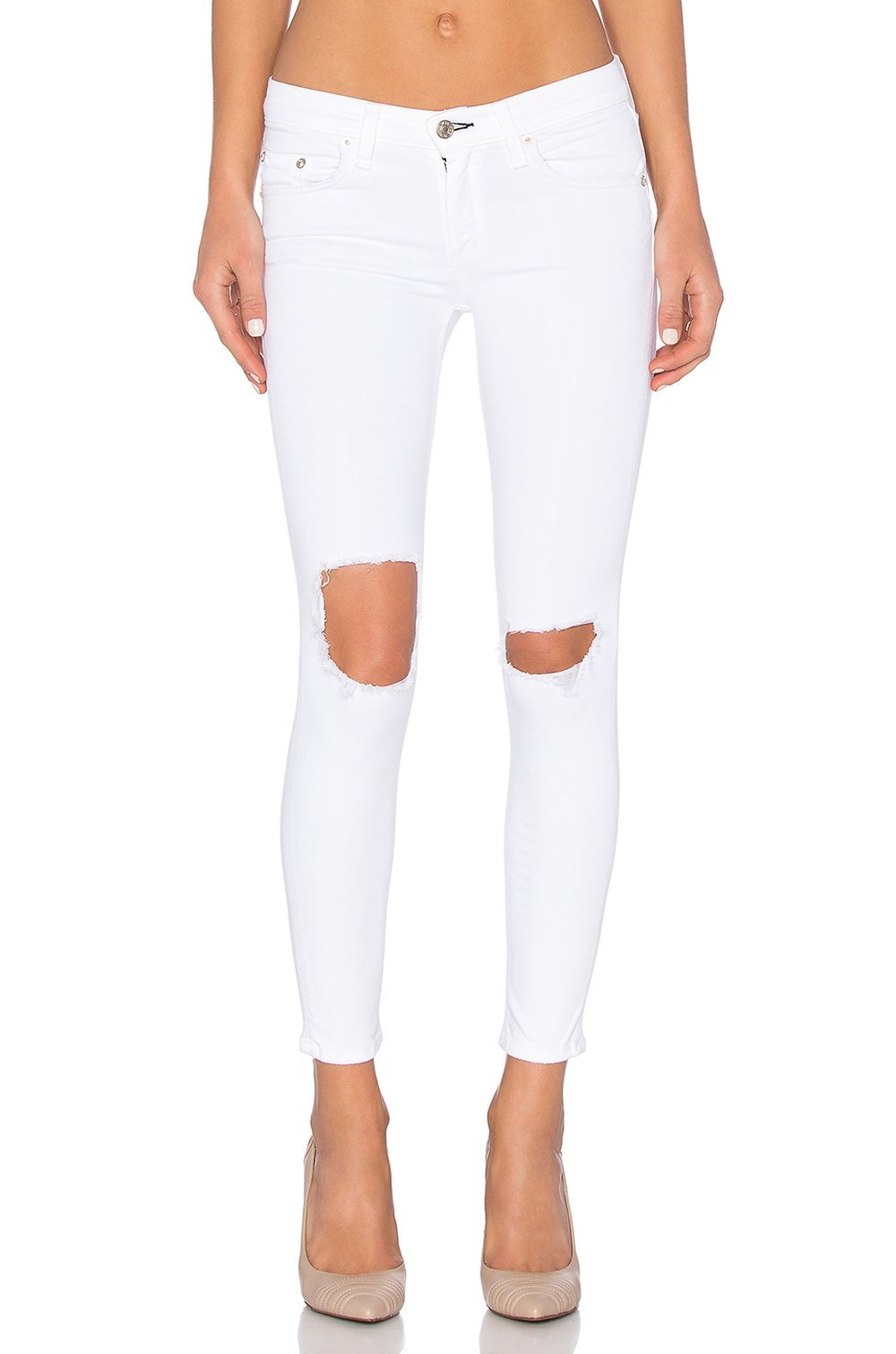 Rag & Bone Women's Distressed White Capri Jeans - High Waisted Ripped Skinny Jeans for Summer | Casual Outfit, Streetwear Fashion