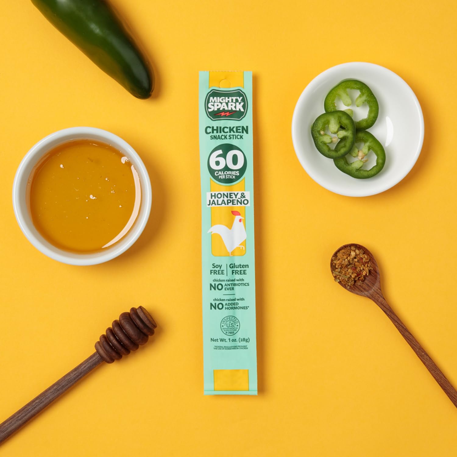 Mighty Spark Chicken Snack Sticks - Honey Jalapeno Flavor | 6g Protein, Antibiotic & Hormone Free, Gluten & Soy Free | High Protein Keto Snacks, Weight Watchers Approved | Perfect for On-the-Go, Lunch Boxes & Low-Carb Diets | Pack of 48