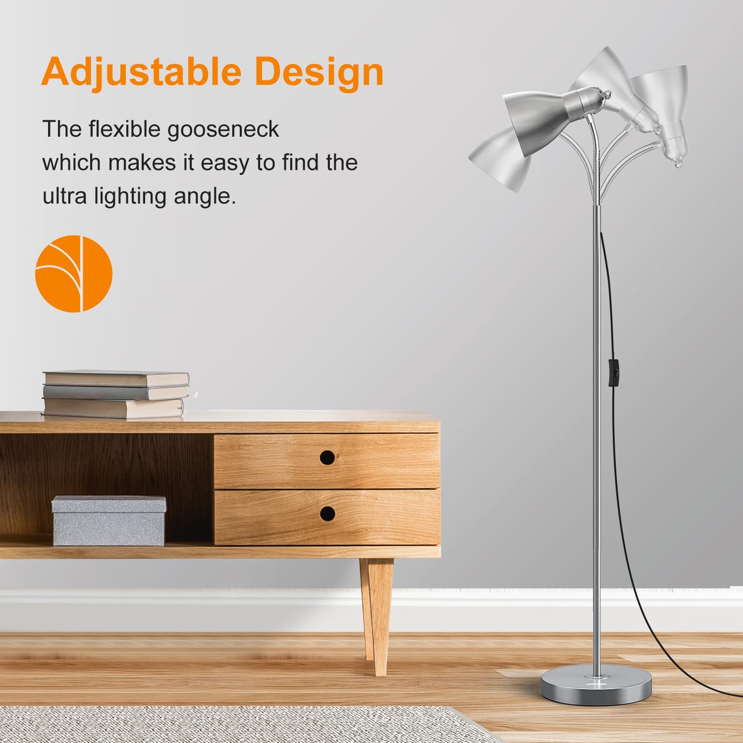 LEPOWER Adjustable Gooseneck Floor Lamp with Heavy Metal Base - Silver Standing Pole Light for Reading, Office, Bedroom & Living Room | Modern Lighting for Home & Workspace