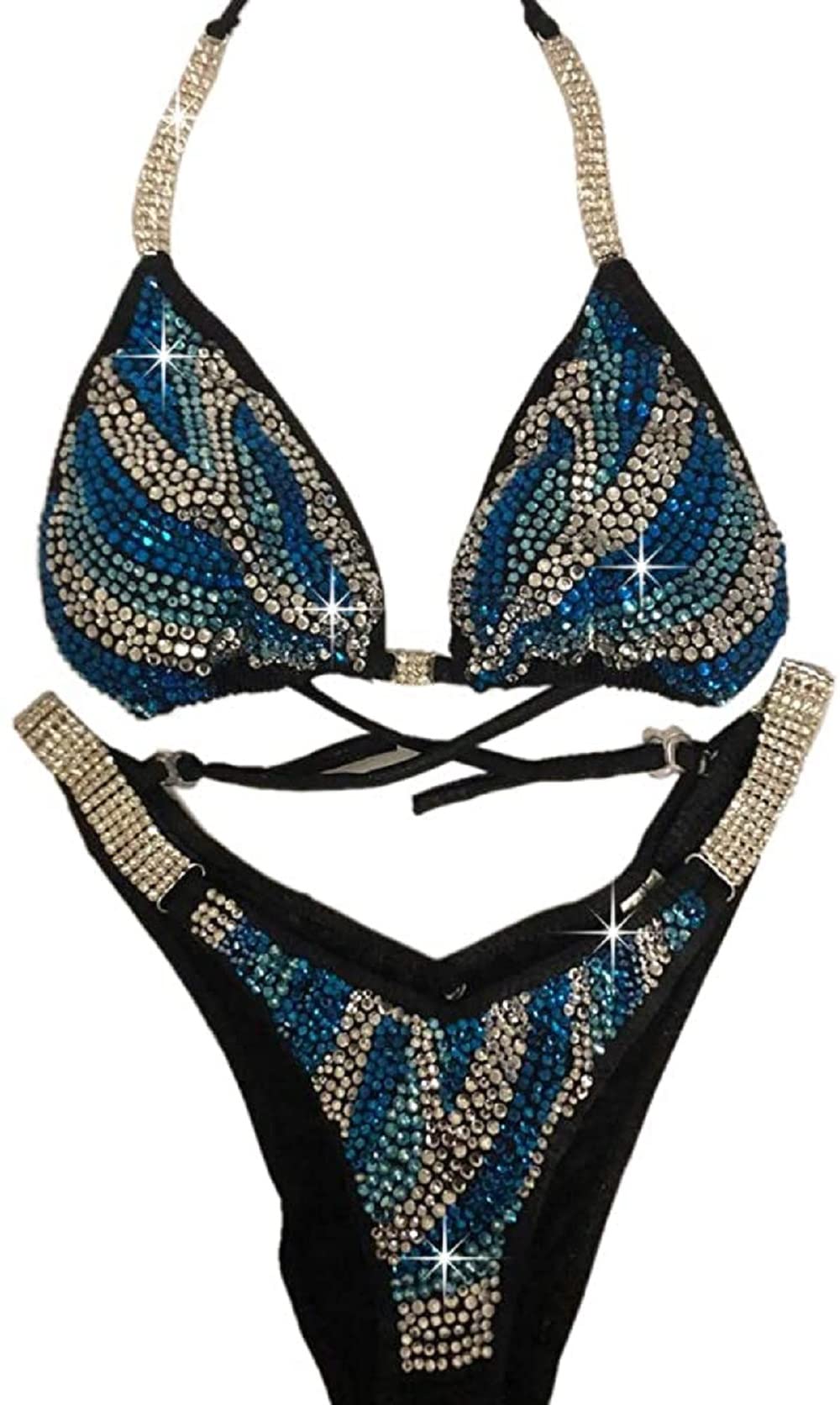 Blue Crystal Black Competition Bikini - NPC Physique & Figure Posing Suit for Women's Bodybuilding & Fitness Shows | Perfect for Stage Performances, Photo Shoots & Swimwear