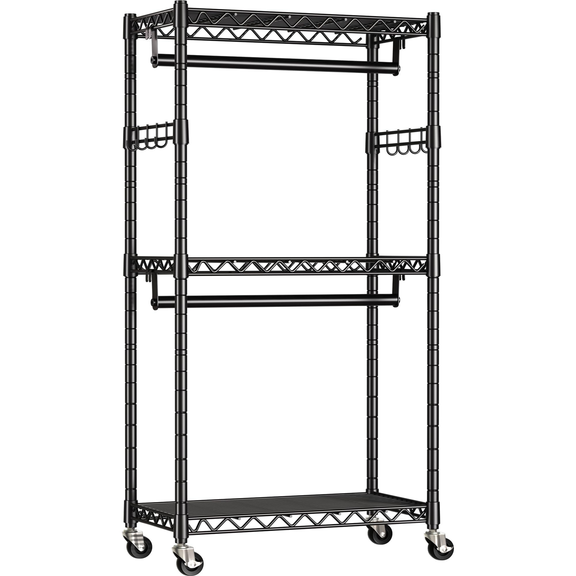 GIOTORENT G12 Heavy Duty Rolling Garment Rack - 3-Tier Metal Clothes Rack with Double Rods & Hooks, Freestanding Wardrobe Organizer (450 lbs Capacity, Black) - Perfect for Home Closet Organization, Retail Store Displays & Portable Clothing Storage
