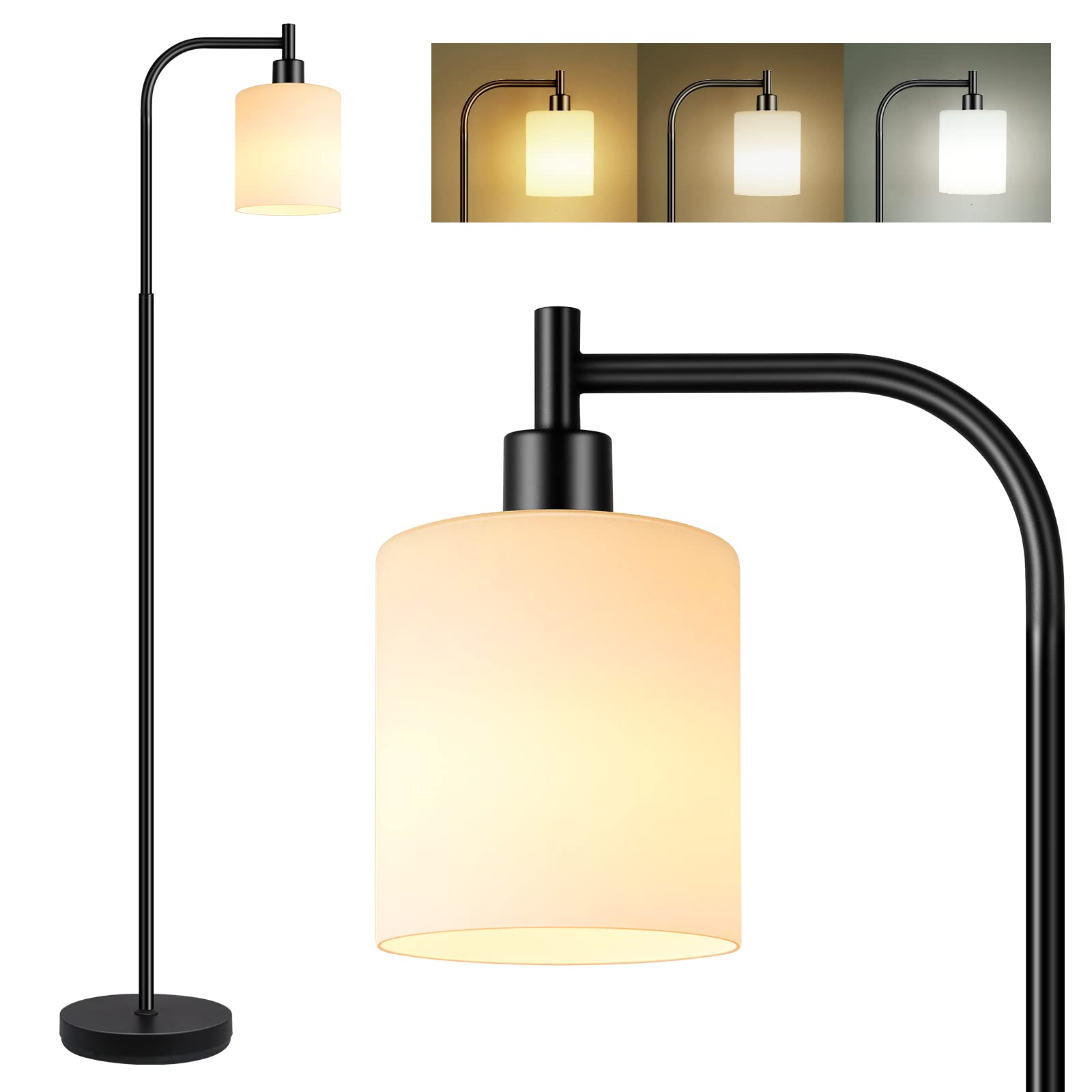 Modern Industrial Floor Lamp with White Frosted Glass Shade - 9W 3-Color LED Bulb Included - Adjustable Brightness Standing Light with Foot Switch - Perfect for Living Room, Bedroom & Office Lighting Decor