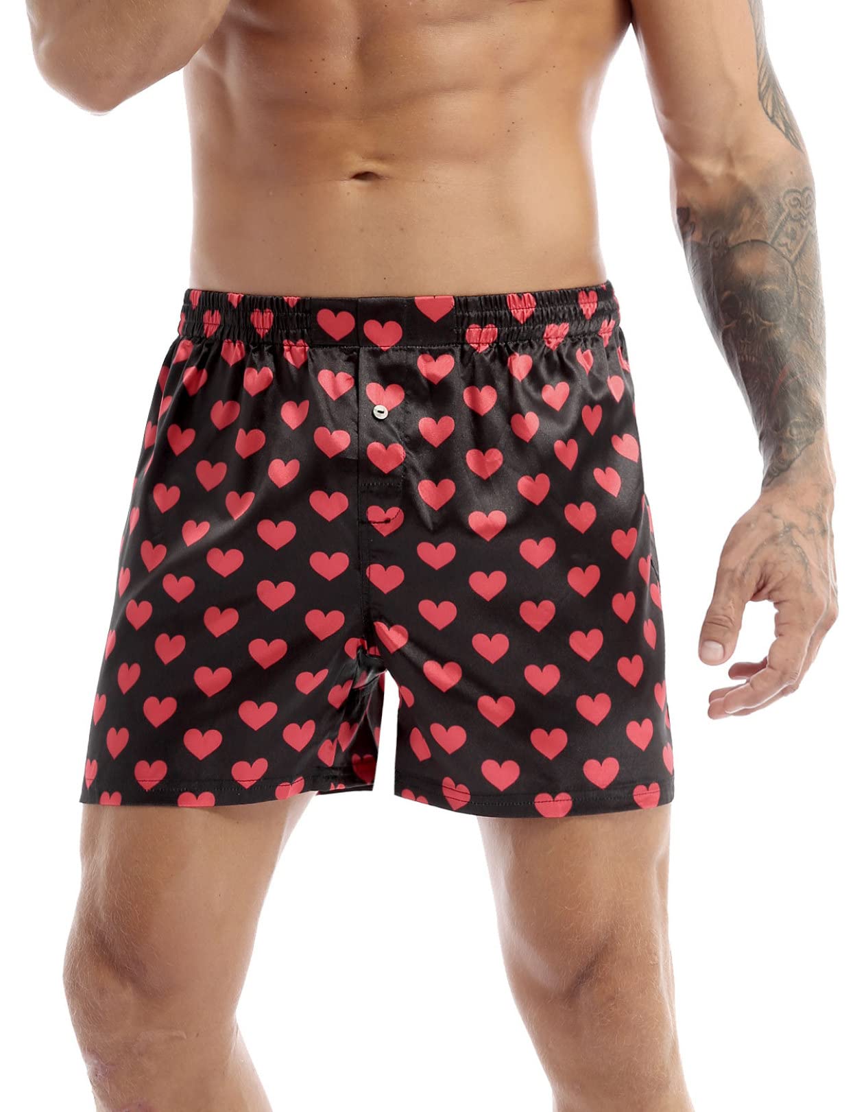 Men's Silk Satin Boxer Shorts - Heart Print Loose Fit Underwear for Sports & Lounge Wear - Comfortable Breathable Sleepwear & Casual Wear