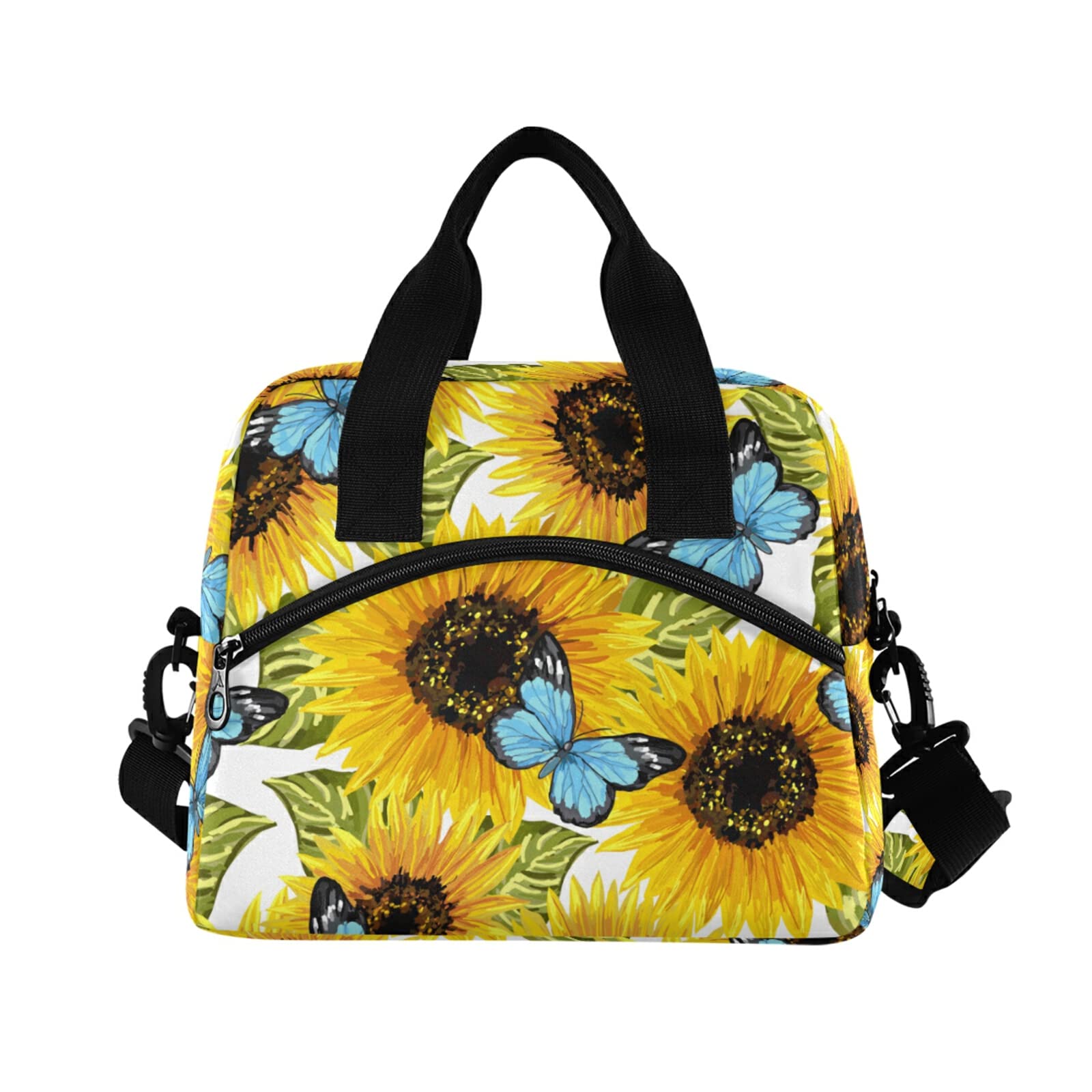 Insulated Sunflower Butterfly Lunch Tote Bag with Removable Shoulder Strap - Thermal Food Container for Work, School, Picnic & Beach - Pretty Floral Pattern Cooler Bag for Women & Kids (20801896)