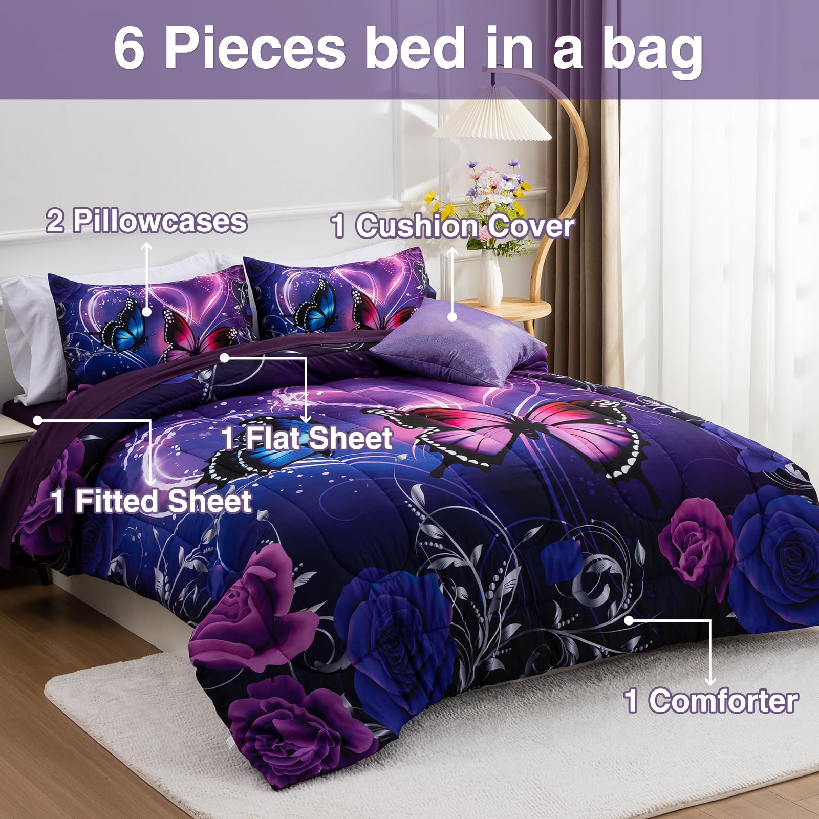 6pcs Galaxy Butterfly Bed in a Bag Set - Purple & Blue 3D Printed Twin Comforter for Girls, Kids & Teens | Dreamy Space Themed Bedding for Kids' Rooms & Sleepovers