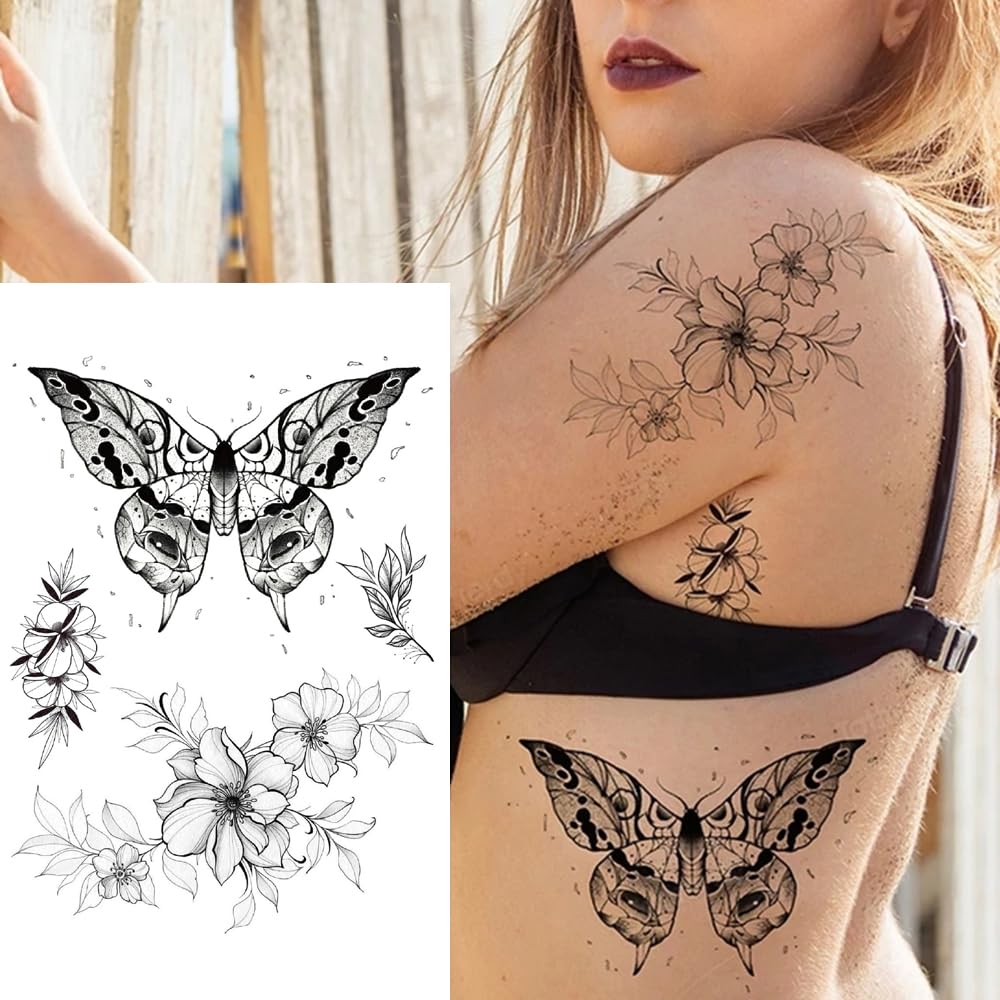Elegant Black Floral Butterfly Temporary Tattoo Stickers (2PCS) - 22x15cm Waterproof Fake Tattoos for Men & Women - Perfect for Parties, Festivals, and Body Art