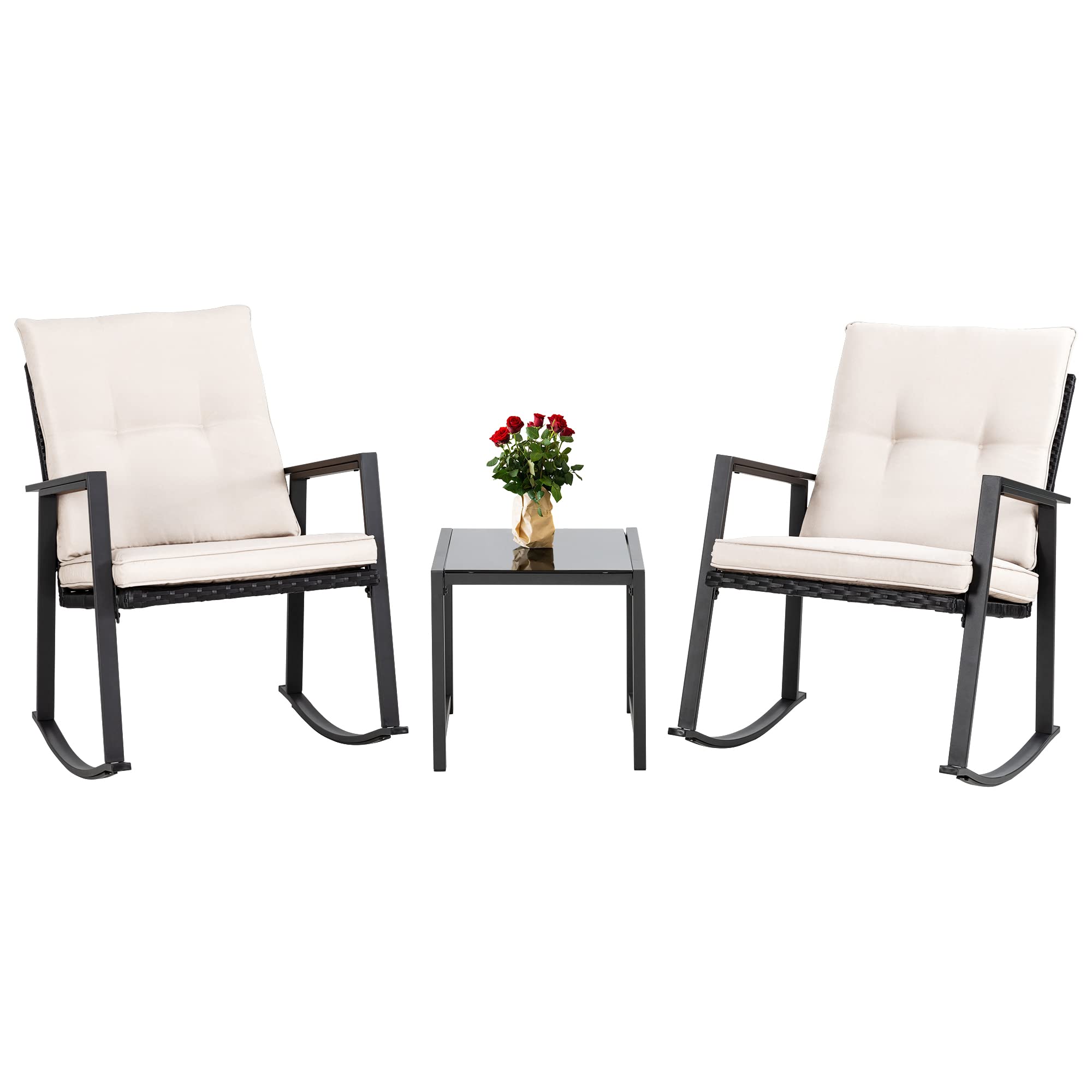 Walsunny 3-Piece Outdoor Patio Furniture Set - Modern Wicker Rocking Bistro Set with Rattan Chairs and Coffee Table - Beige - Perfect for Garden, Balcony, and Backyard Relaxation