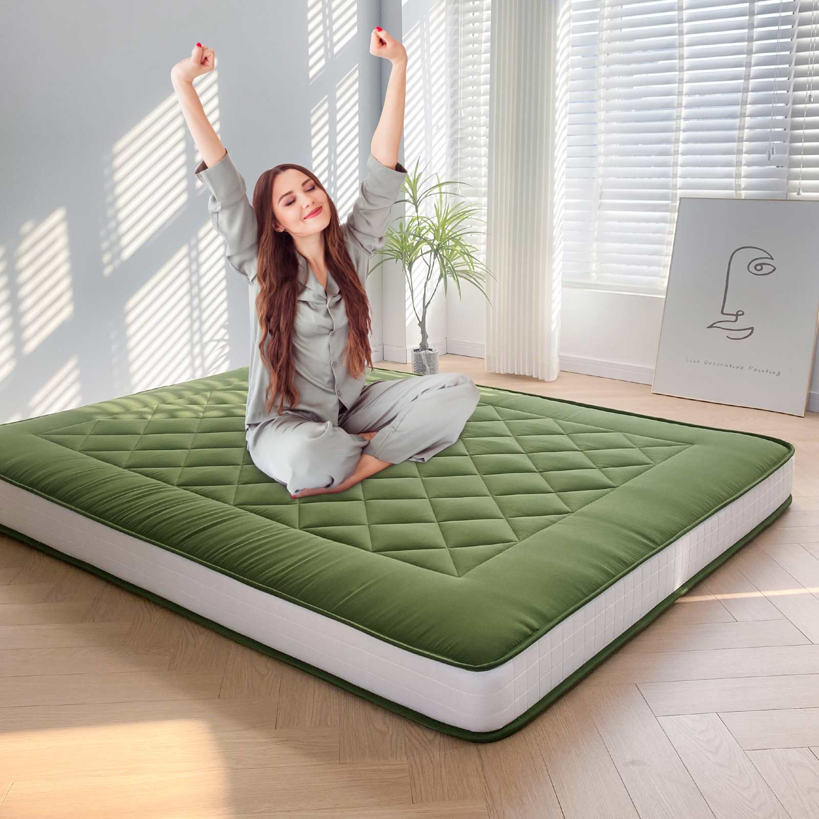 MAXYOYO 6-Inch Extra Thick Japanese Floor Futon Mattress - Premium Diamond Quilting Design for Bedroom, Guest Room & Small Spaces - Green (Queen Size) | Ideal for Apartments, Dorms, Sleepovers & Minimalist Living