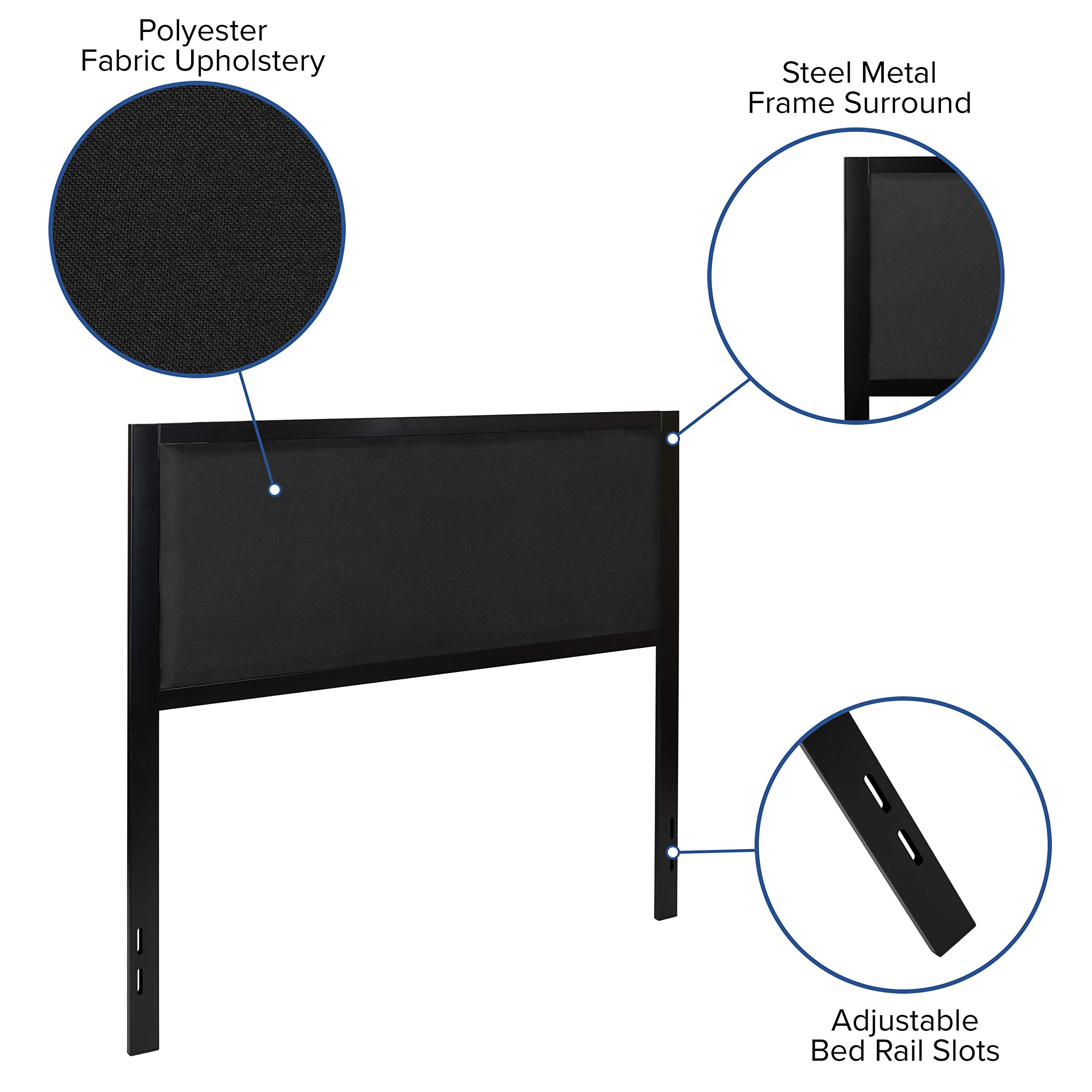 EMMA + OLIVER Full Size Black Fabric Upholstered Panel Headboard with Metal Frame and Legs - Fits Standard Bed Frames - Perfect for Modern Bedroom Decor and Guest Room Setup