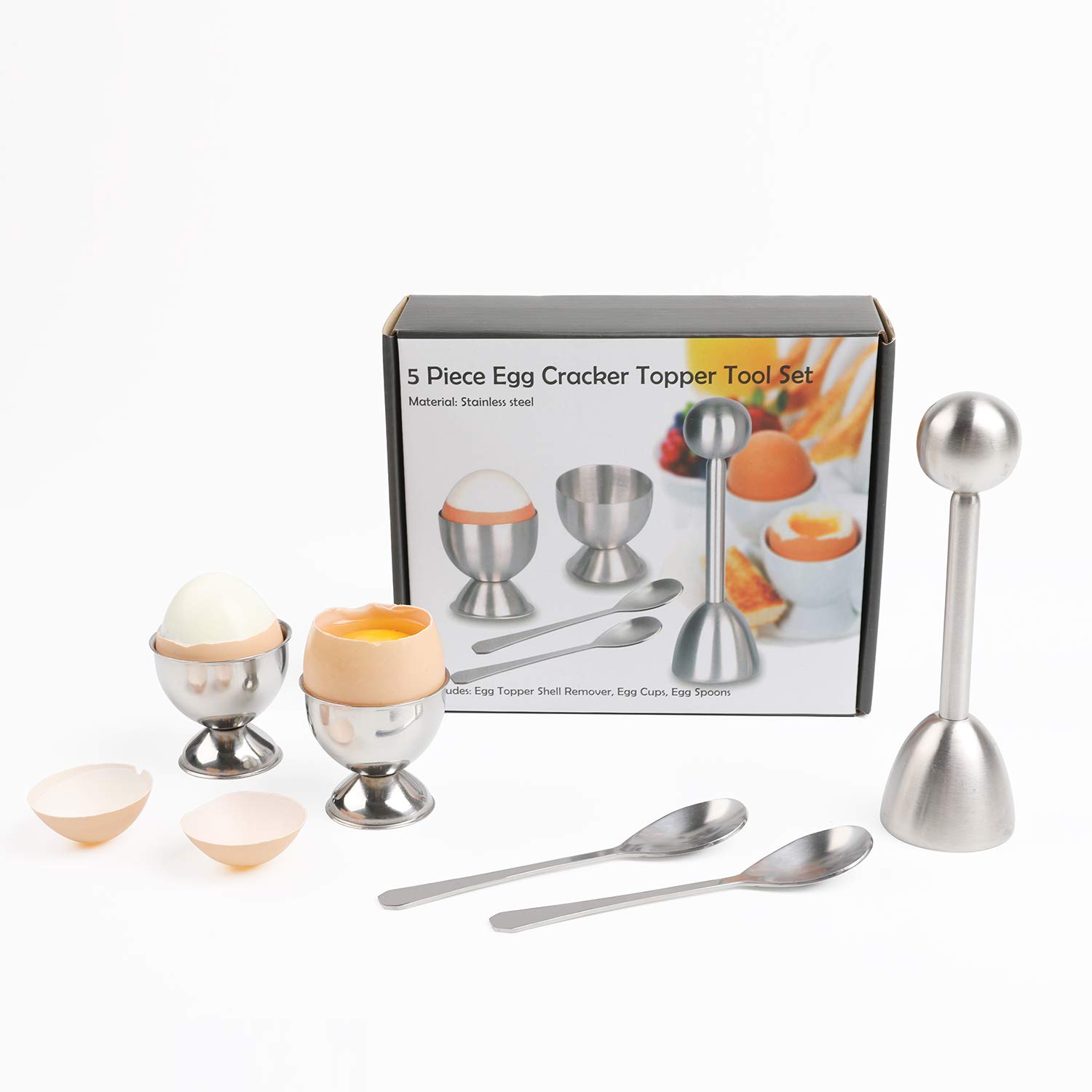 Stainless Steel Egg Cutter Topper Set - Soft/Hard Boiled Egg Cracker with 2 Cups, 2 Spoons & Shell Separator - Perfect for Breakfast Meal Prep, Salad Topping & Kitchen Cooking Tools