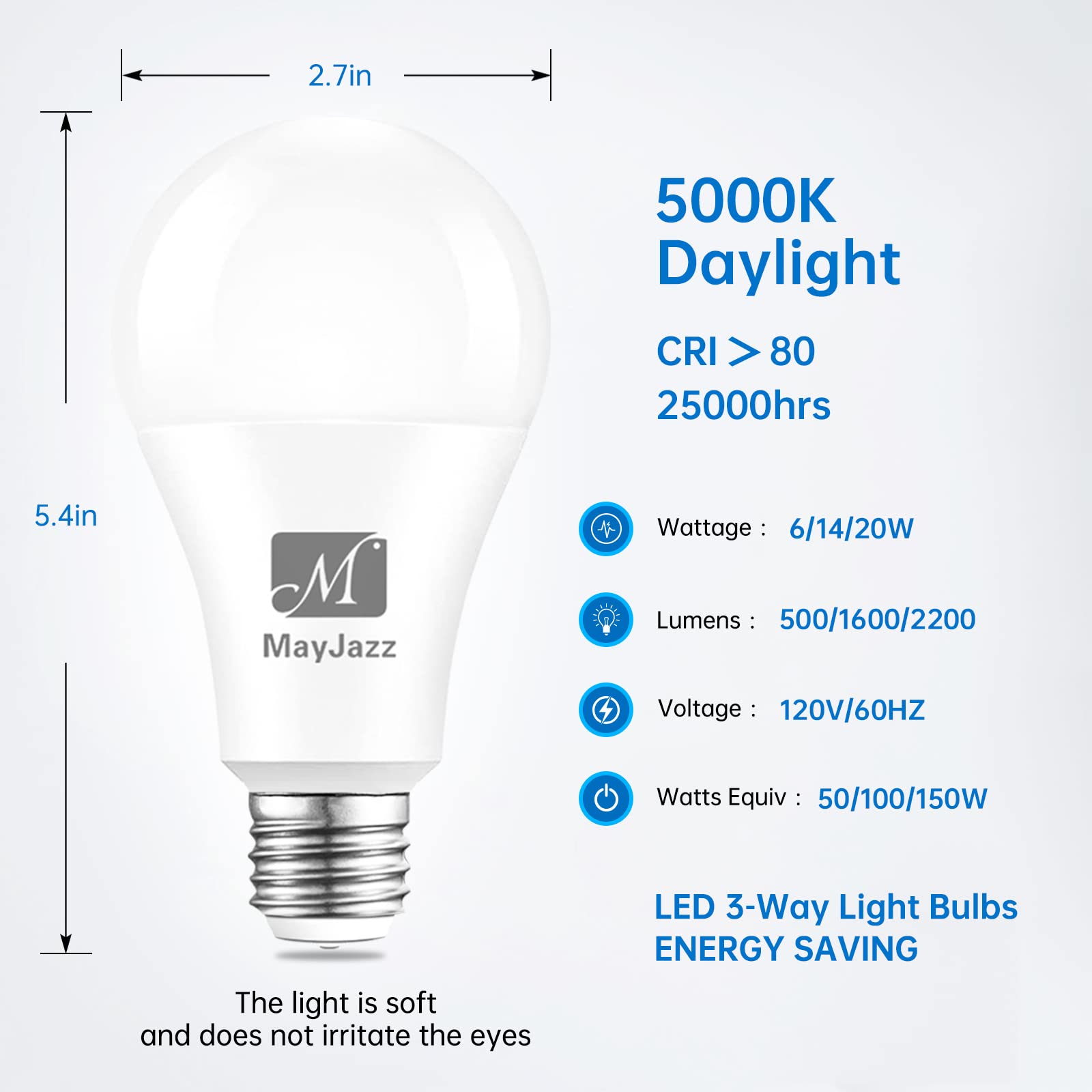 3-Way LED Light Bulbs 5000K Daylight, 50/100/150 Watt Equivalent, A21 E26 Base, Energy Saving Bright White Bulbs (2 Pack) - Perfect for Home, Office, and Workshop Lighting