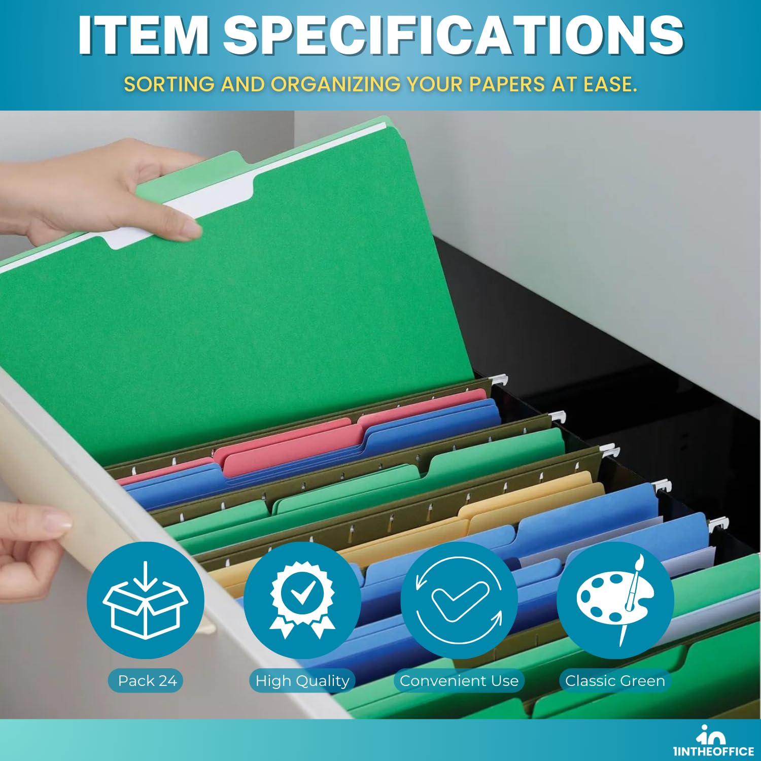 1InTheOffice Green File Folders - 3-Tab Letter Size Top-Tab Folders, 24-Pack - Perfect for Office Organization, Document Filing & Home Office Storage