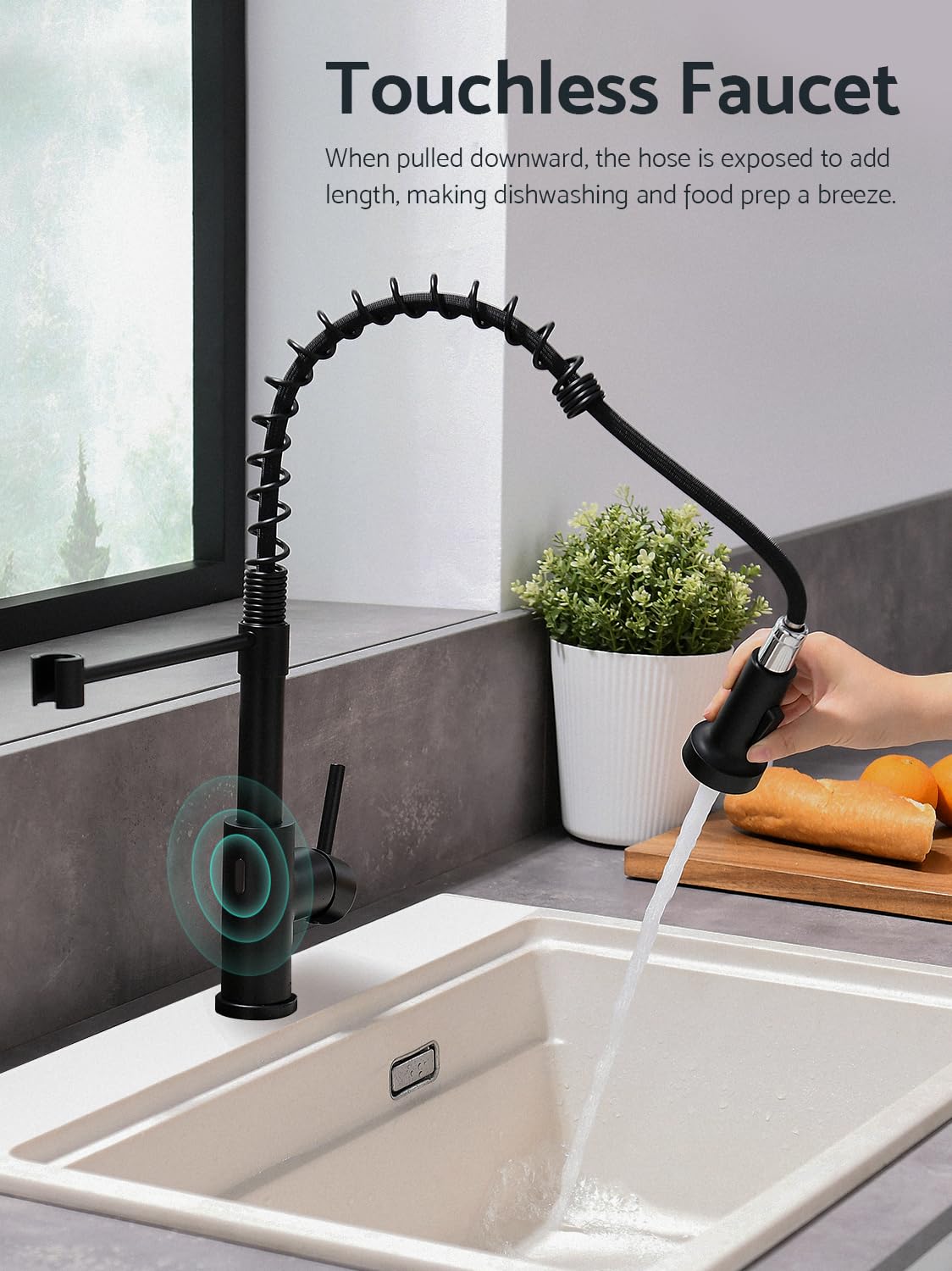 WEWE Matte Black Touchless Kitchen Faucet with Pull Down Sprayer - Motion Sensor Activated, Single Handle Stainless Steel Sink Faucet for Modern Kitchens | Perfect for Busy Cooks, Families & ADA Compliant Spaces