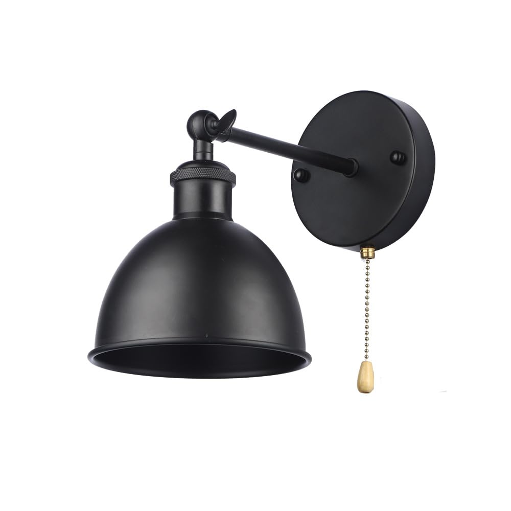 Vintage Black Wall Sconce Light - 1-Light Farmhouse Wall Lamp with Industrial Pull Chain Switch - 15cm Shade - Perfect for Living Room, Bedroom, Bathroom, Kitchen, Hallway & Doorway Lighting