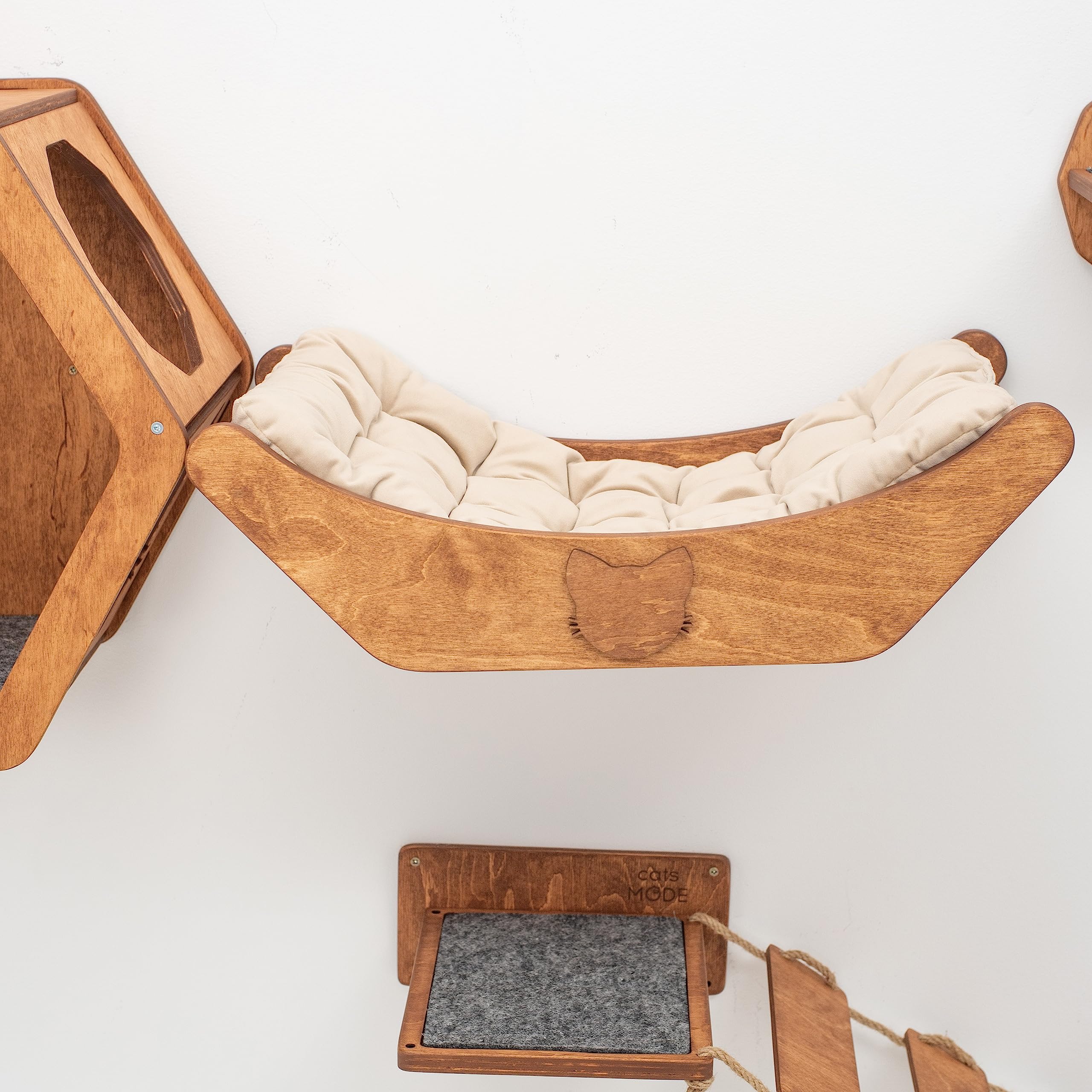 Rustic Wood Cat Bed with Pillow - Pet Furniture for Indoor Cats & Home Decor