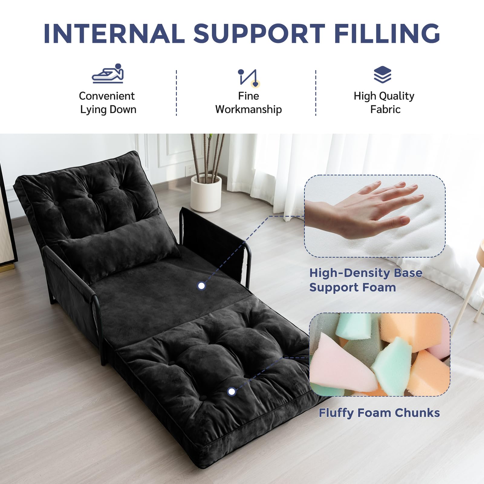 MAXYOYO Adjustable Floor Sofa Bed - Velvet Convertible Lazy Couch with Pillow & Armrests, Single Sleeper Sofa for Small Spaces (Black) | Perfect for Living Rooms, Dorms, Apartments & Guest Beds
