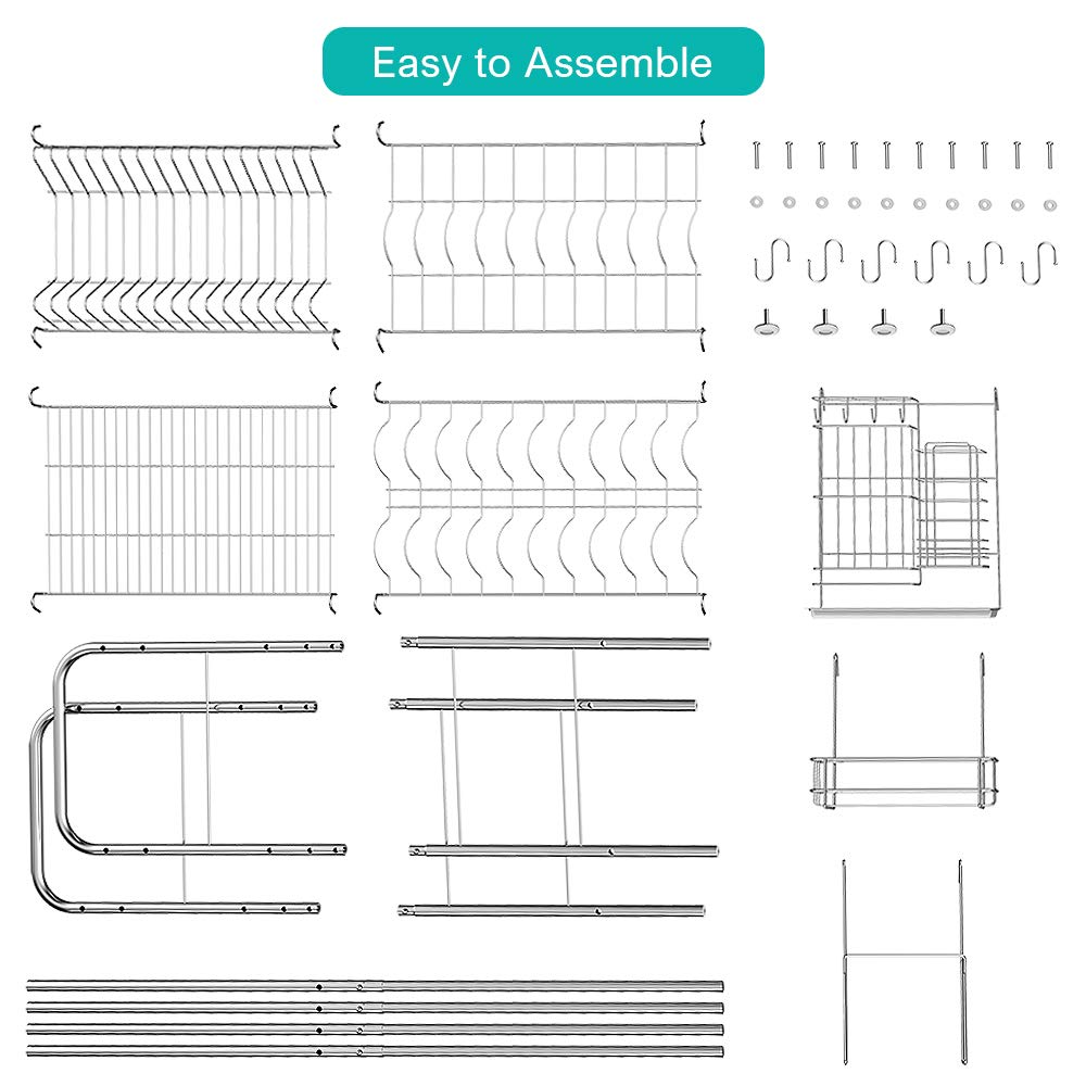 Premium 2-Tier Over The Sink Dish Drying Rack - 304 Stainless Steel Kitchen Counter Shelf with Utensil Holder Hooks (Silver) | Space-Saving Kitchen Organizer for Dishes, Cups & Cooking Tools | Perfect for Small Apartments & Compact Kitchens