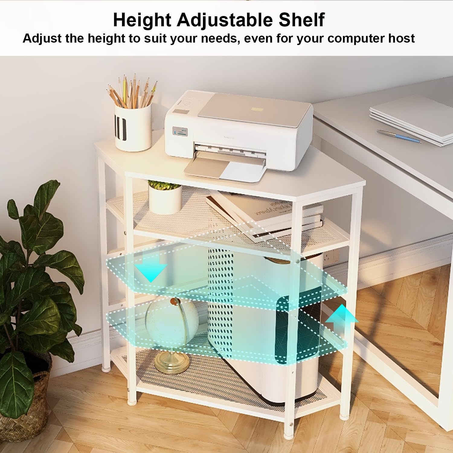 VEDECASA Corner Printer Stand with Power Outlet & USB Ports - Adjustable Storage Shelf & CPU Tower Holder - White Home Office Desk Organizer for Printer, Computer & Charging Devices
