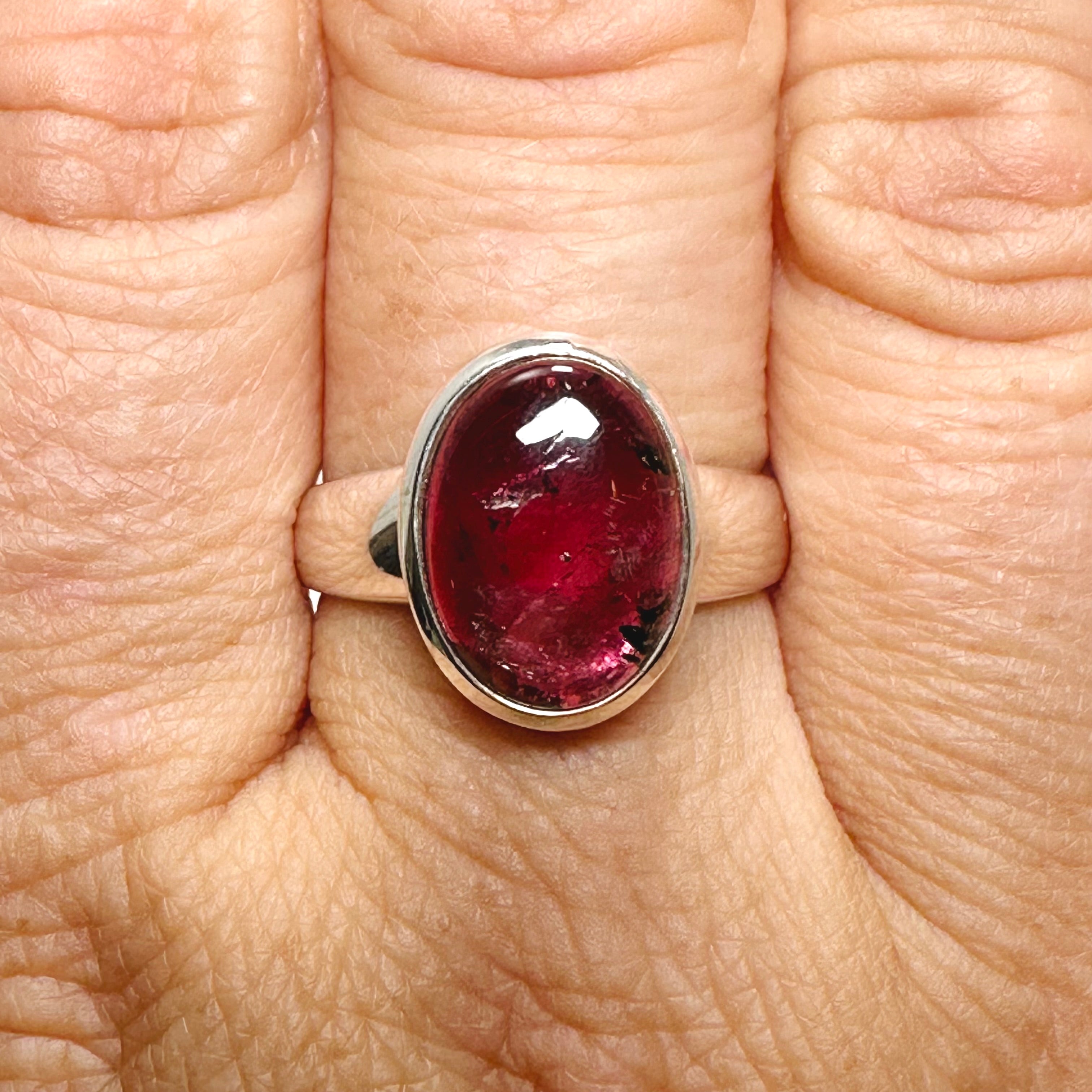 Natural Pink Tourmaline Oval Cabochon Ring - Size 9 Sterling Silver - PRGJ738 - Elegant Jewelry for Women's Daily Wear & Special Occasions