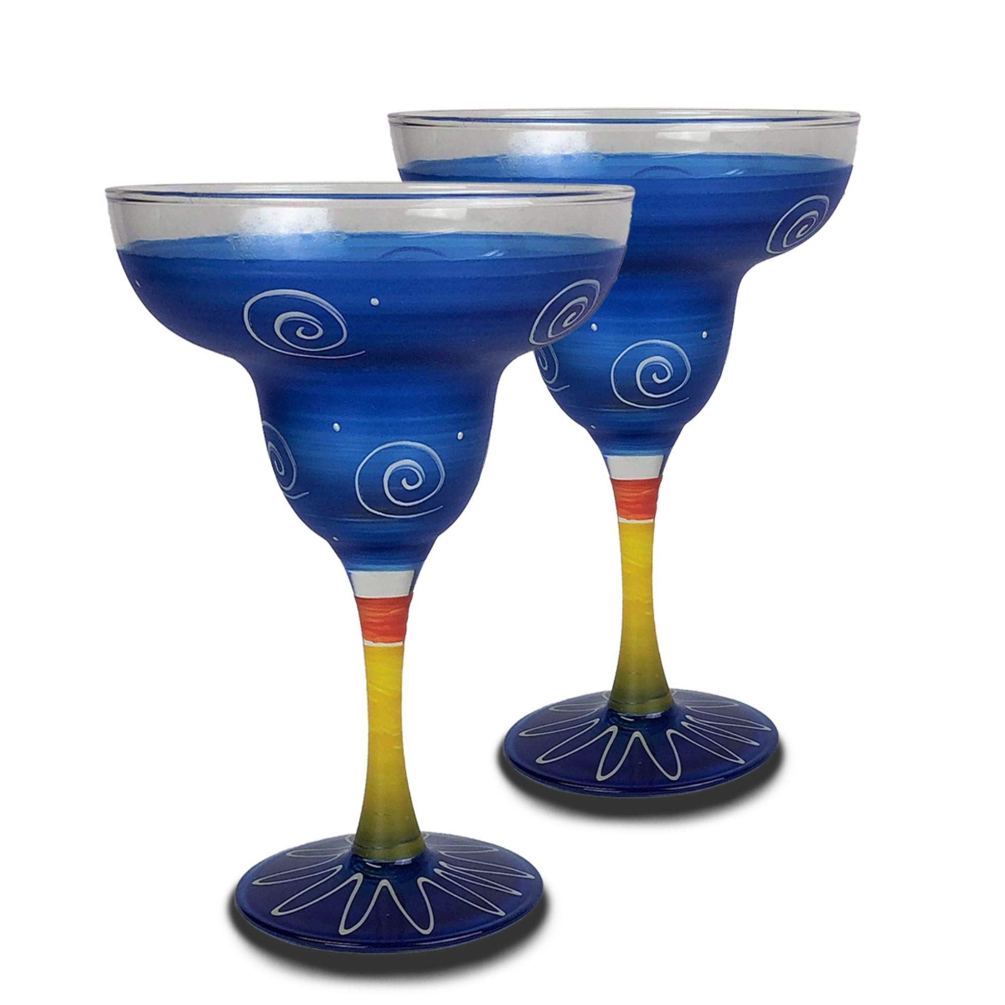 Set of 2 Hand-Painted Dark Blue & White Margarita Glasses - 12oz Cocktail Cups for Parties, Mexican Restaurants & Home Bar Decor