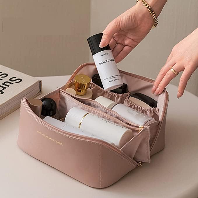 GREENITYA Large Leather Makeup Bag - Waterproof Travel Cosmetic Organizer for Skincare & Toiletries