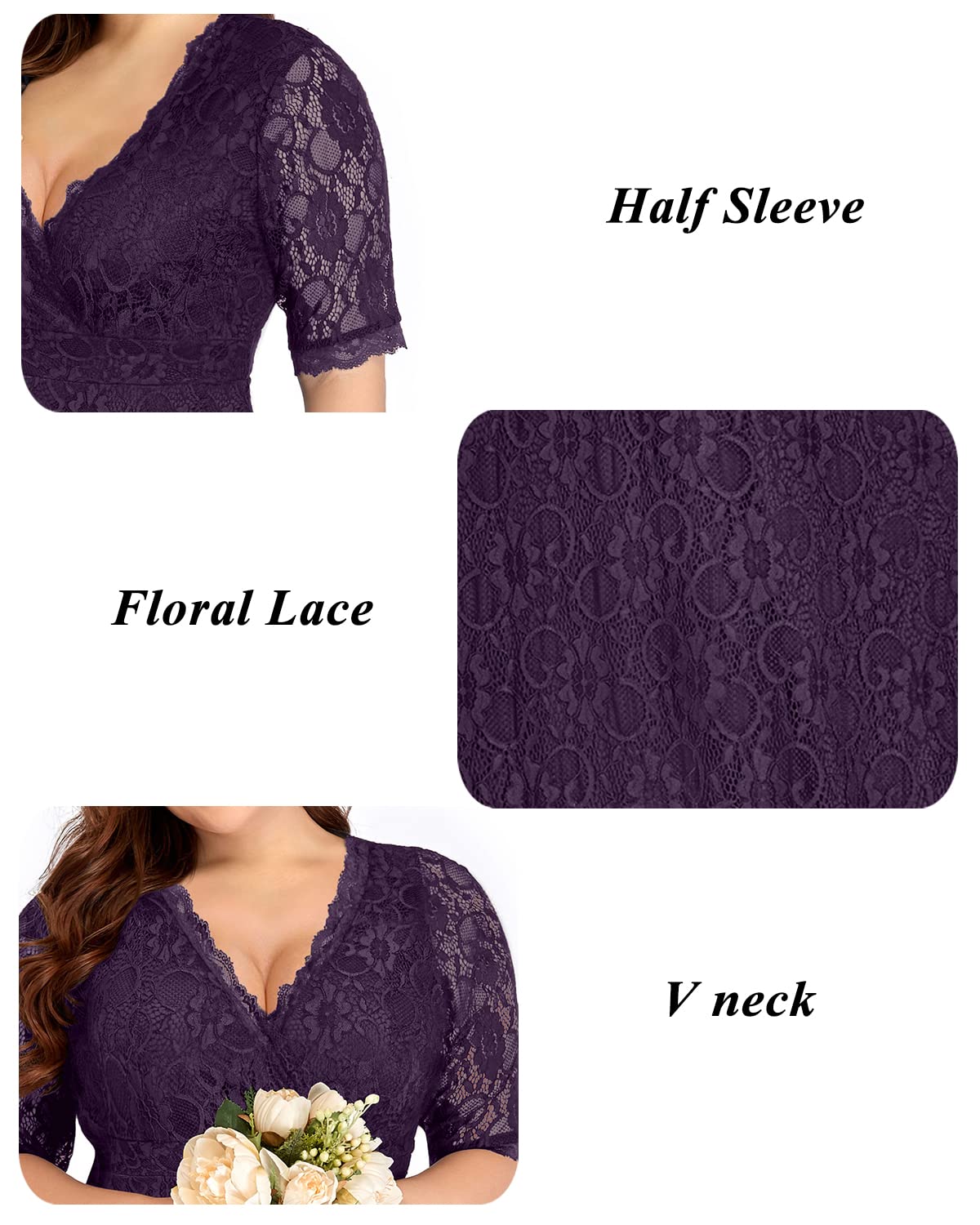 Plus Size Women's Lace Wrap V-Neck Knee-Length Dress for Wedding Guest, Cocktail Party & Semi-Formal Occasions - Elegant & Comfortable Formal Wear