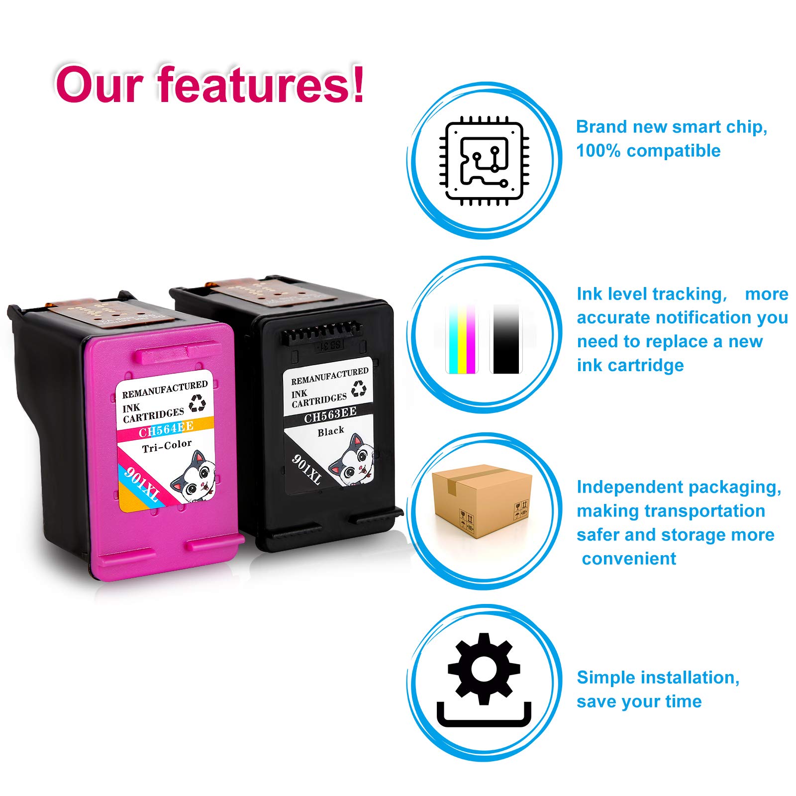 High-Quality CLOAK CAT Remanufactured HP 901 XL Ink Cartridges - Compatible with HP Officejet 4500 J4580 J4680 All-in-One Printers (Black & Tri-Color Pack) - Perfect for Home Office Printing, School Projects & Small Business Documents